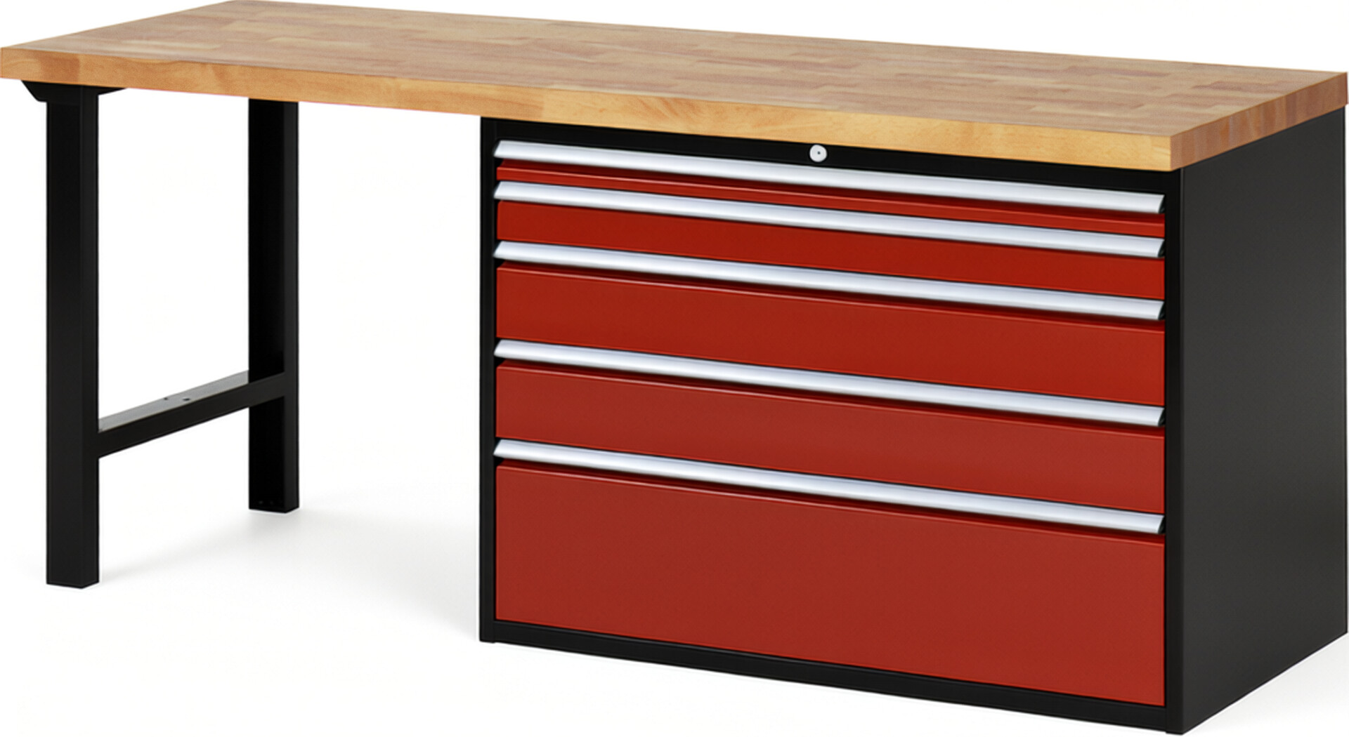 RAU Werkbank schwarz - rot - Breite 200 cm - Tiefe 70 cm - Höhe 89 cm - Buche-Massiv Arbeitsplatte 40 mm