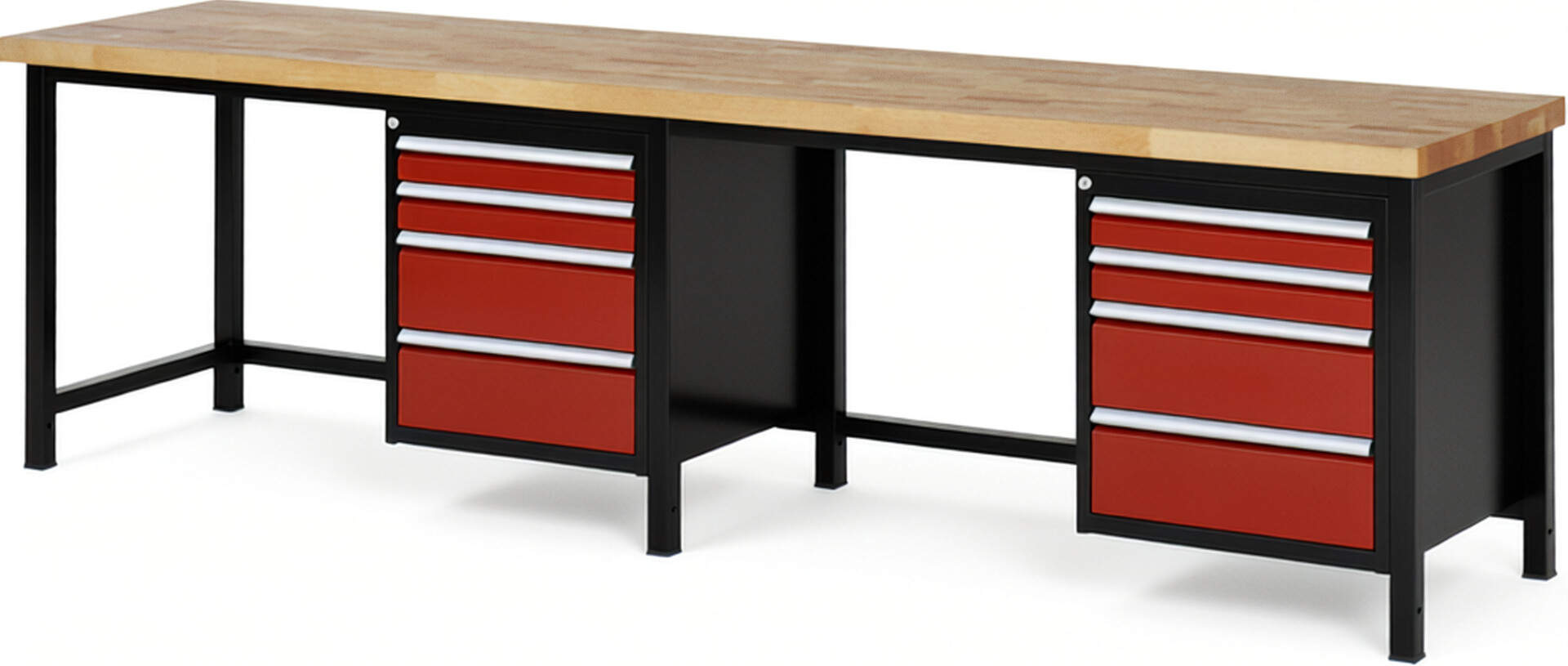 RAU Werkbank schwarz - rot - Breite 300 cm - Tiefe 70 cm - Höhe 104 cm - Buche-Massiv Arbeitsplatte 40 mm