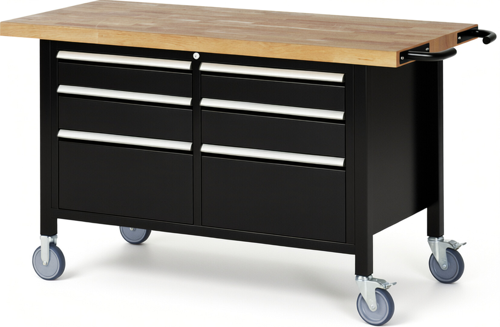 Fahrbare Werkbank Modell 8475 schwarz, BxTxH 1500x700x880 mm,  Buche-Massiv Arbeitsplatte 40 mm,  6 Schubladen mit  Auszug 90 %