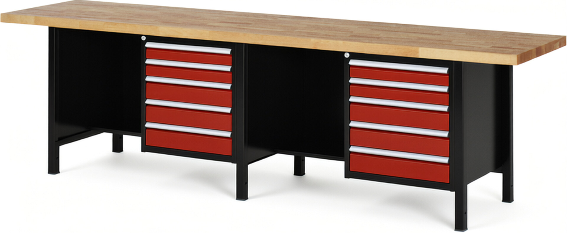 RAU Werkbank schwarz - rot - Breite 300 cm - Tiefe 70 cm - Höhe 104 cm - Buche-Massiv Arbeitsplatte 40 mm