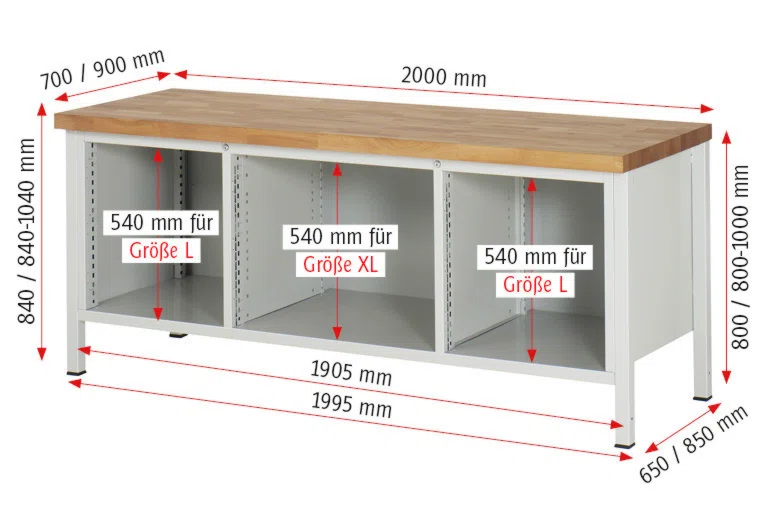 Werkbank Modell 8756,  BxTxH 2000x700x840-1040 mm,  Buche-Massiv Arbeitsplatte 40 mm,  10 Schubladen mit  Vollauszug 100 % und  SoftClosing