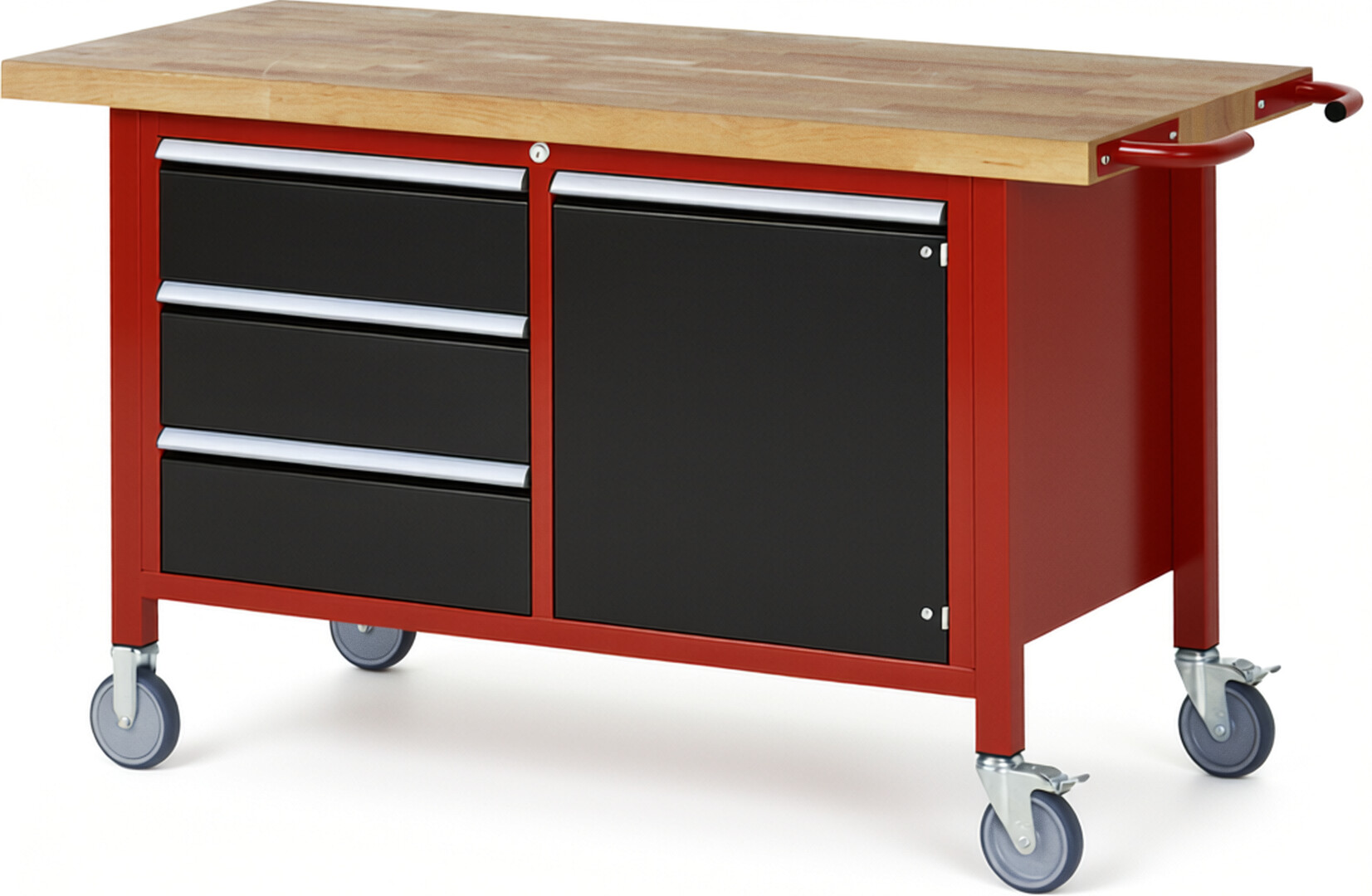 Fahrbare Werkbank Modell 8468 rot - schwarz, BxTxH 1500x700x880 mm,  Buche-Massiv Arbeitsplatte 40 mm,  3 Schubladen mit  Auszug 90 %