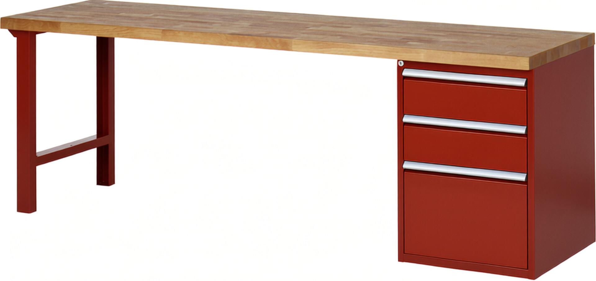 RAU Werkbank rot - Breite 250 cm - Tiefe 70 cm - Höhe 84 cm - Buche-Massiv Arbeitsplatte 40 mm