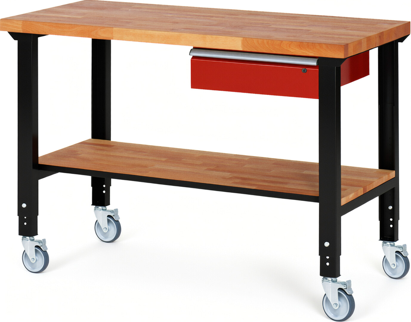 Fahrbare Werkbank Modell 7001 schwarz-rot, BxTxH 1500x700x950-1000 mm,  Buche-Massiv Arbeitsplatte 40 mm,  1 Schublade mit  Auszug 90 %