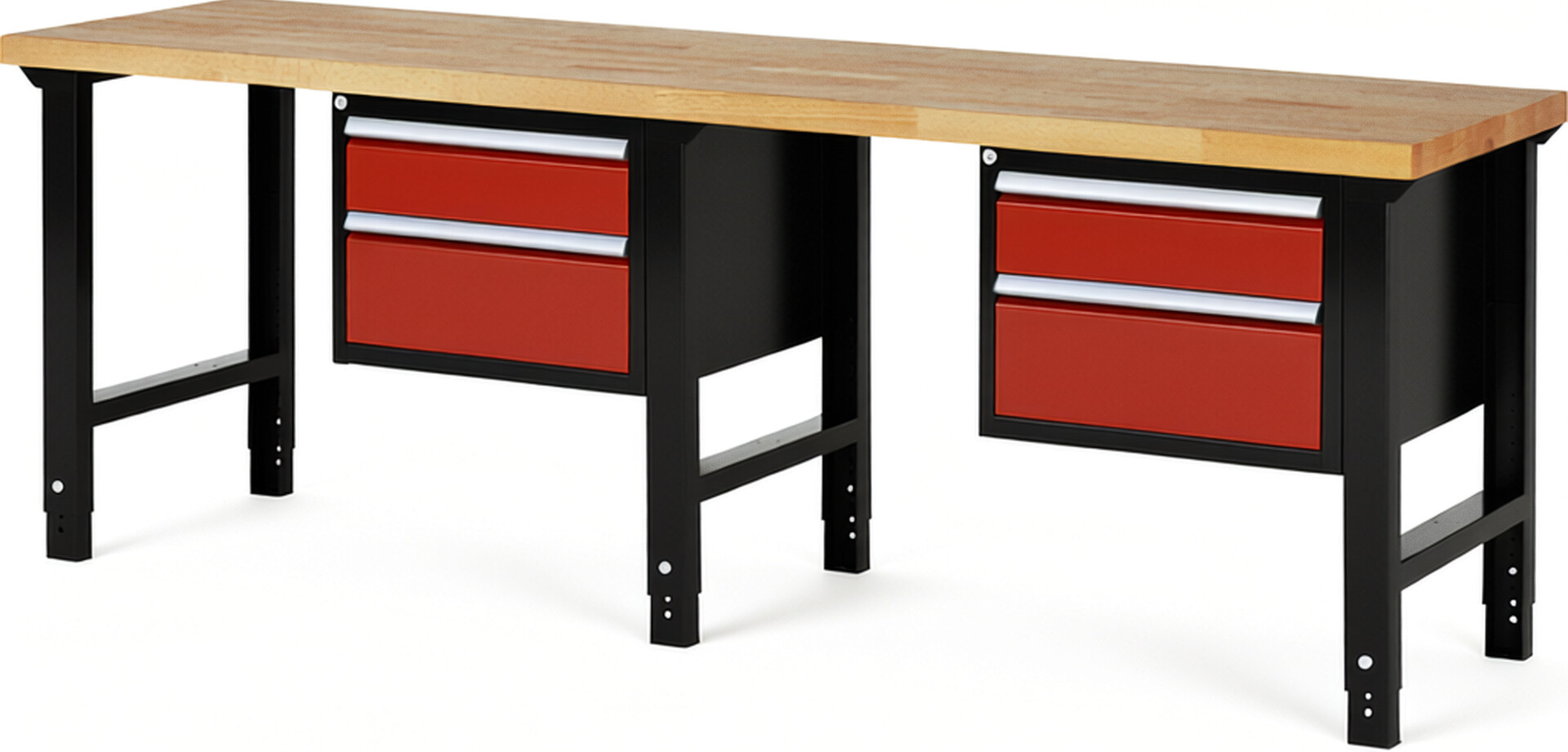 RAU Werkbank schwarz - rot - Breite 250 cm - Tiefe 70 cm - Höhe 114 cm - Buche-Massiv Arbeitsplatte 40 mm