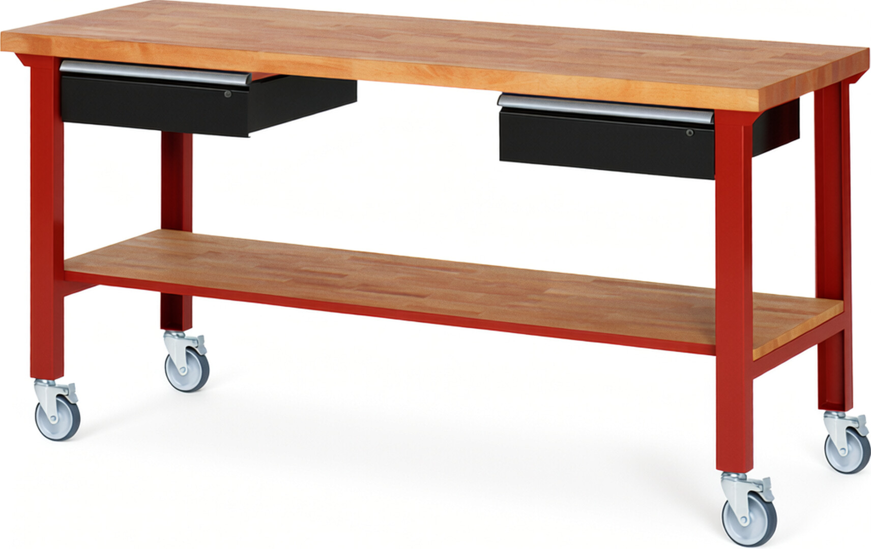 Fahrbare Werkbank Modell 7002 rot - schwarz, BxTxH 2000x700x1000 mm,  Buche-Massiv Arbeitsplatte 40 mm,  2 Schubladen mit  Auszug 90 %