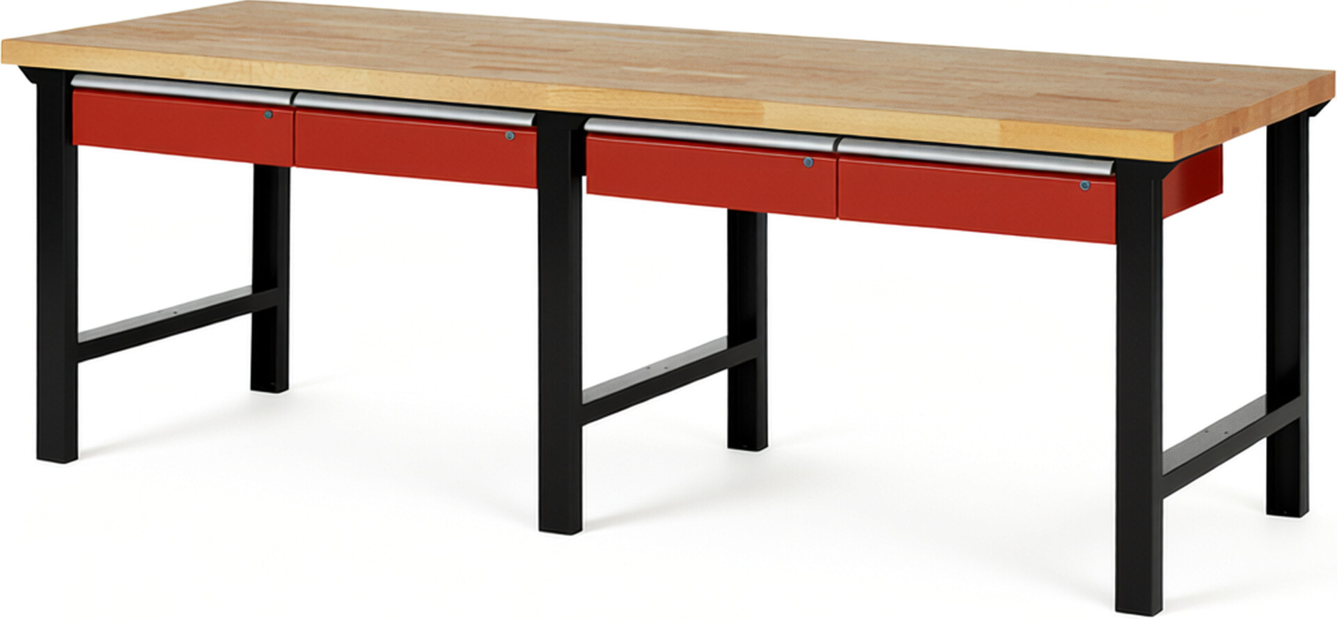 RAU Werkbank schwarz - rot - Breite 250 cm - Tiefe 90 cm - Höhe 84 cm - Buche-Massiv Arbeitsplatte 40 mm