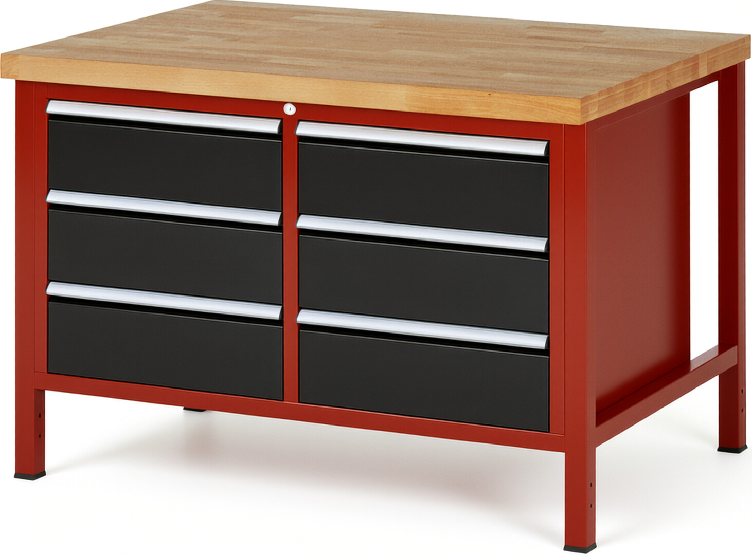 RAU Werkbank rot - schwarz - Breite 125 cm - Tiefe 90 cm - Höhe 84 cm - Buche-Massiv Arbeitsplatte 40 mm