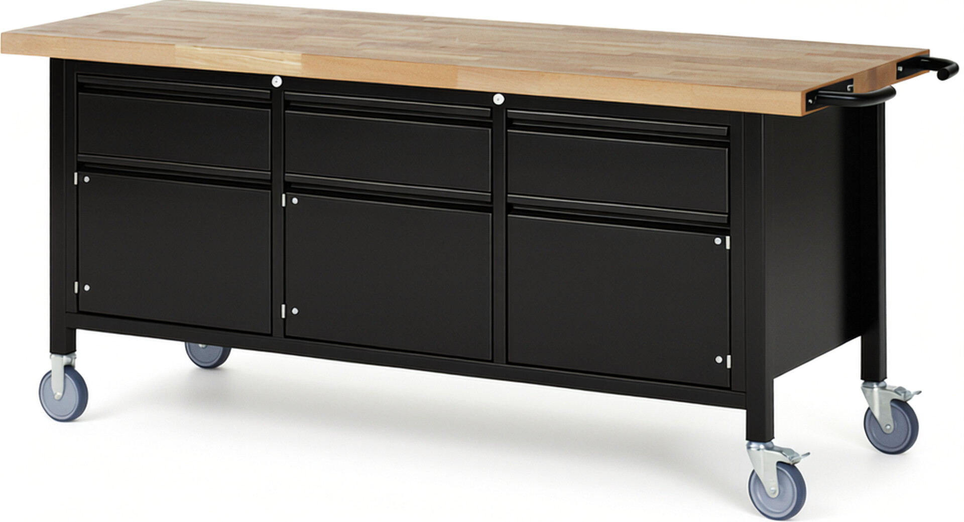 Fahrbare Werkbank - Modell 8567 BASIC schwarz, BxTxH 2000x700x880 mm,  Buche-Massiv Arbeitsplatte 40 mm,  3 Schubladen mit  Auszug 90 %