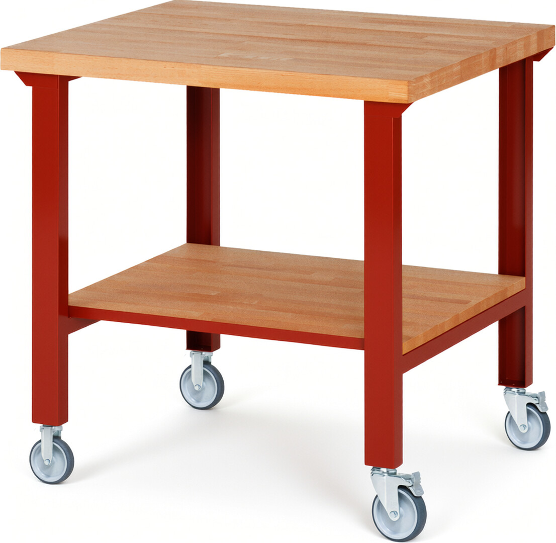 Fahrbare Werkbank Modell 7000 rot, BxTxH 1000x900x1000 mm,  Buche-Massiv Arbeitsplatte 40 mm