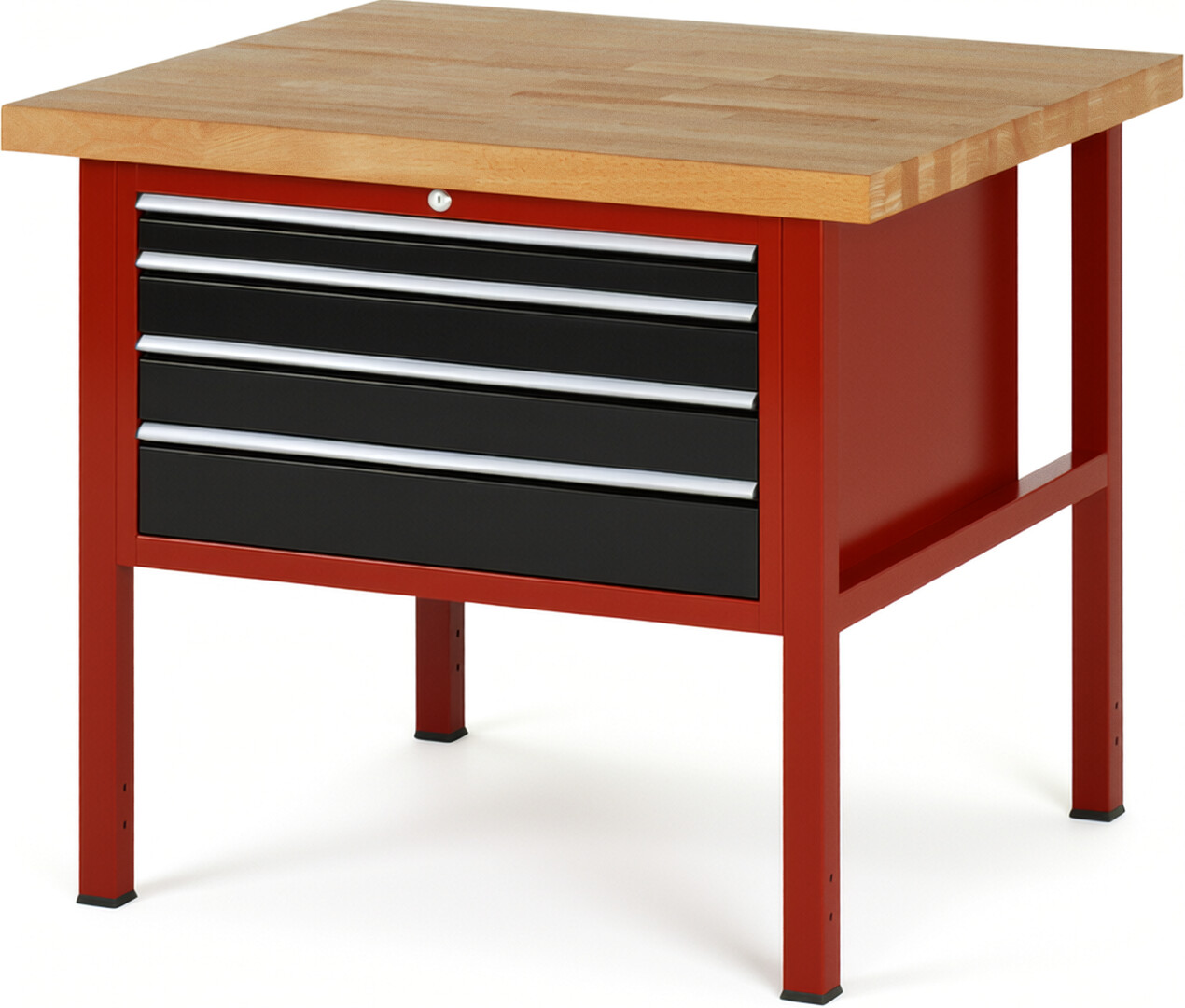 Werkbank Modell 8232 rot - schwarz, BxTxH 1000x900x840 mm,  Buche-Massiv Arbeitsplatte 40 mm,  4 Schubladen mit  Auszug 90 %