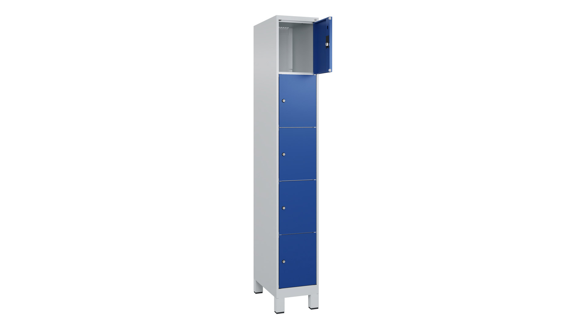Fächerschrank, BxTxH 300x500x1.950 mm, 1x5 Fächer, Abteilbreite 300 mm, Füße, Schloss, glatte Türen, RAL 7035/5010