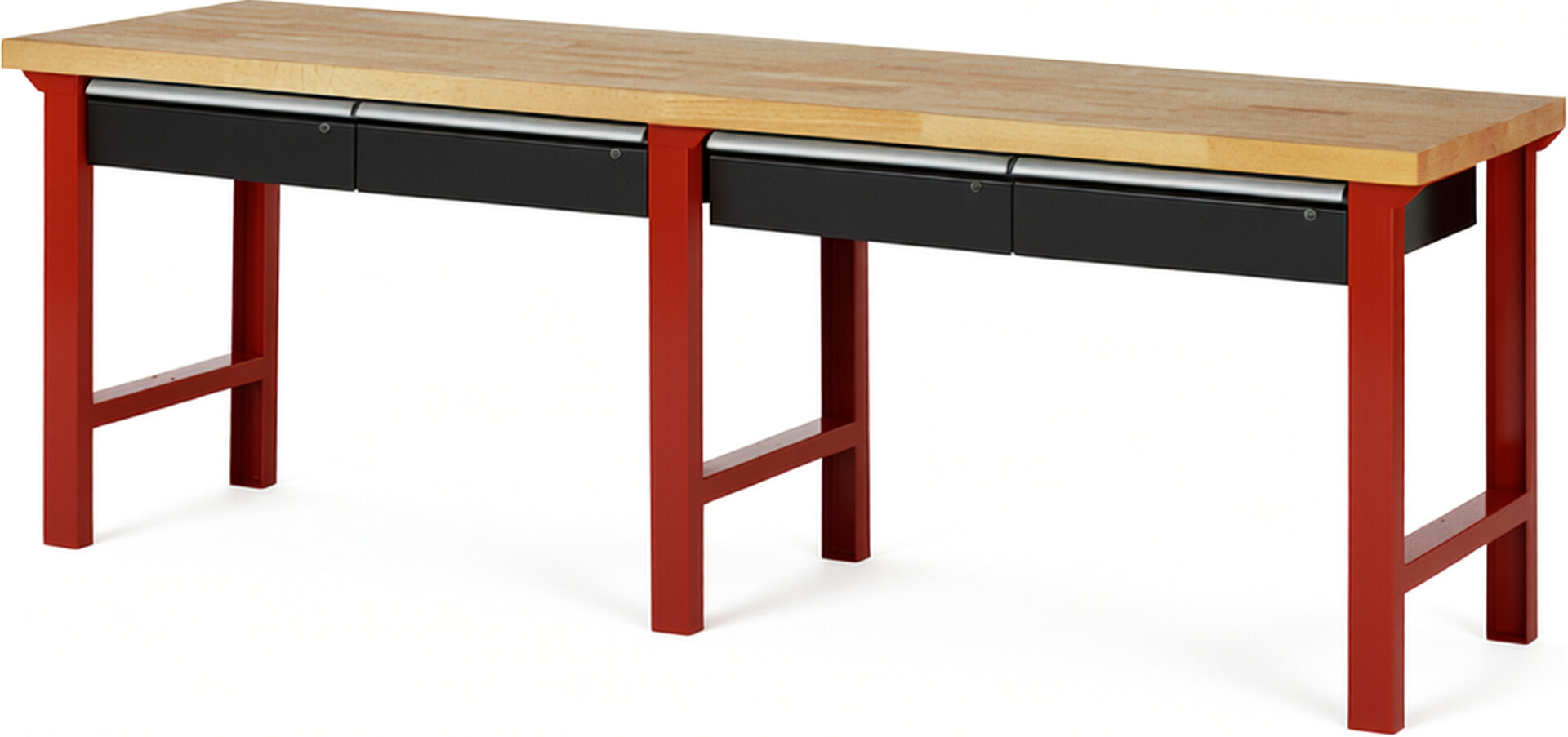 Werkbank Modell 7002 rot - schwarz, BxTxH 2500x700x840 mm,  Buche-Massiv Arbeitsplatte 40 mm,  4 Schubladen mit  Auszug 90 %