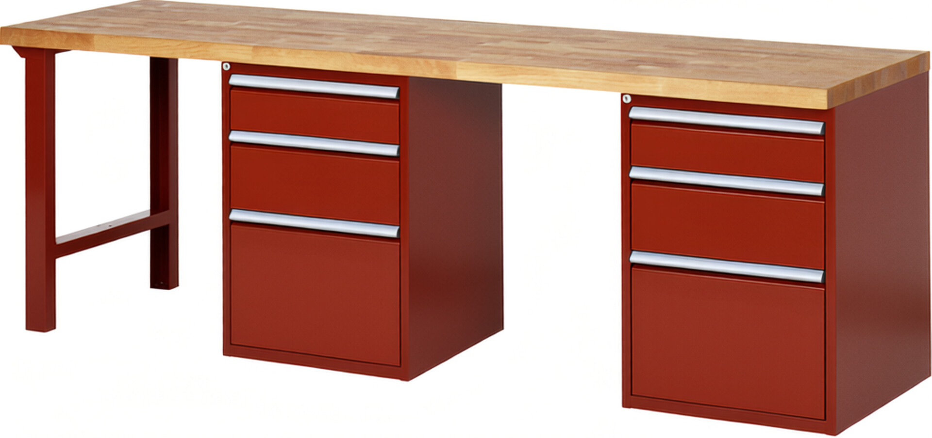 RAU Werkbank rot - Breite 250 cm - Tiefe 70 cm - Höhe 84 cm - Buche-Massiv Arbeitsplatte 40 mm