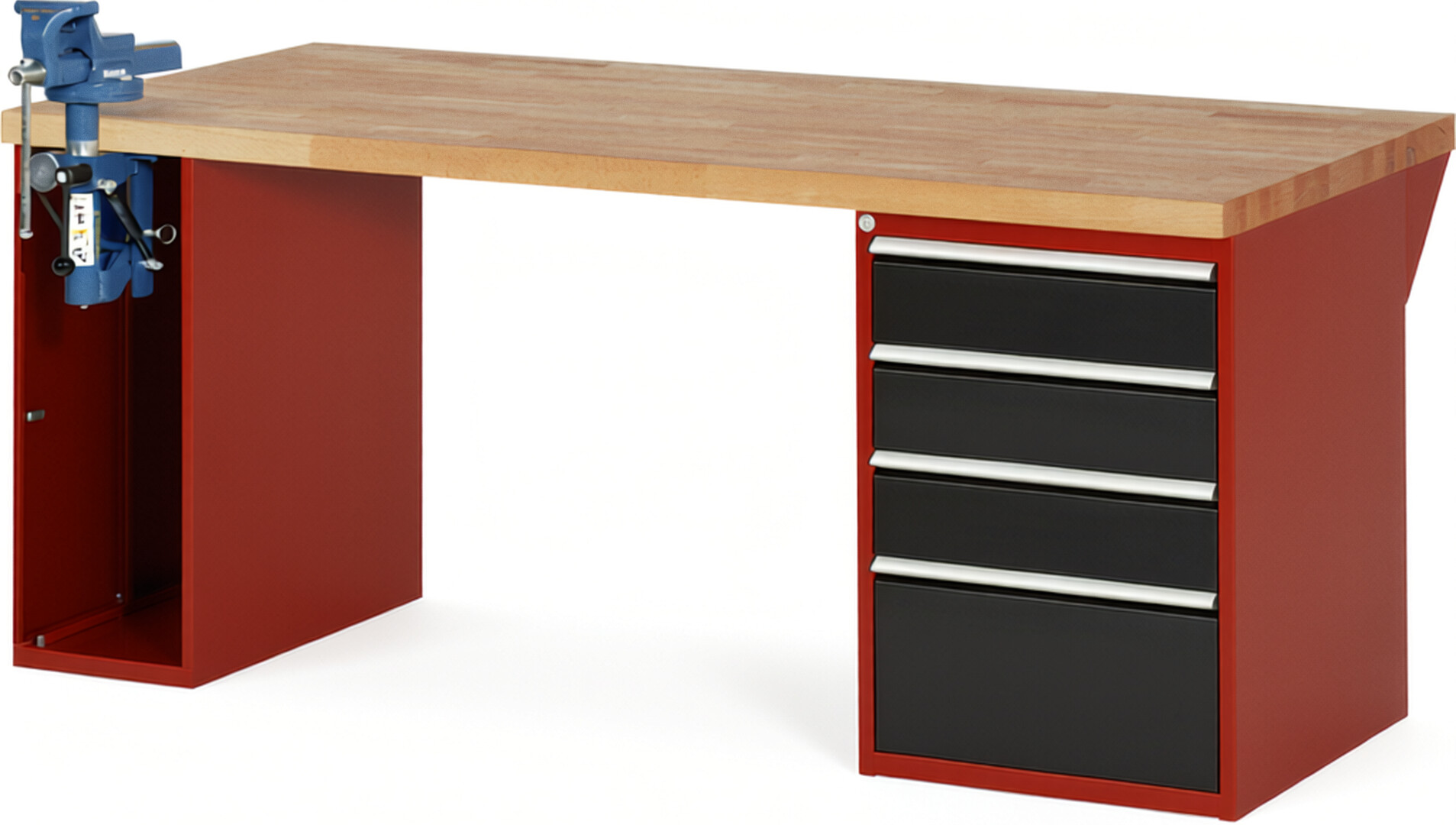 Werkbank Modell 7510 rot - schwarz, BxTxH 2000x900x890 mm,  Buche-Massiv Arbeitsplatte 40 mm,  4 Schubladen mit  Auszug 90 %