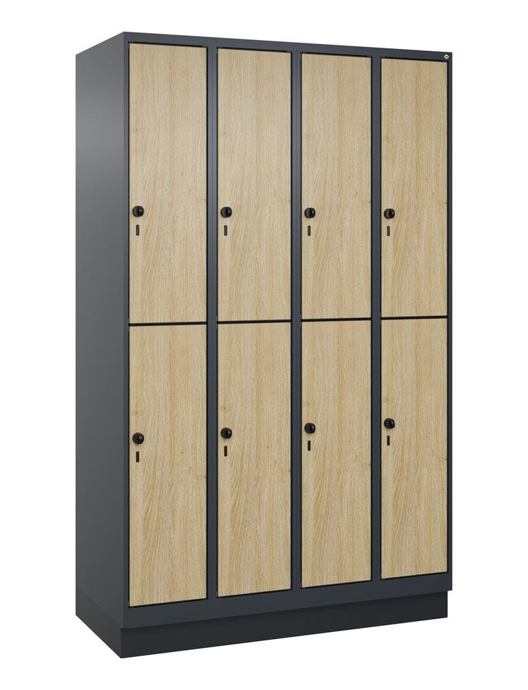 Doppelstock-Spind, Sockel, 4x2 Fächer, Abt.B 300 mm, BxTxH 1200x500x1950 mm, HPL-Dekorfront, RAL 7016/Dekor Eiche Sereno