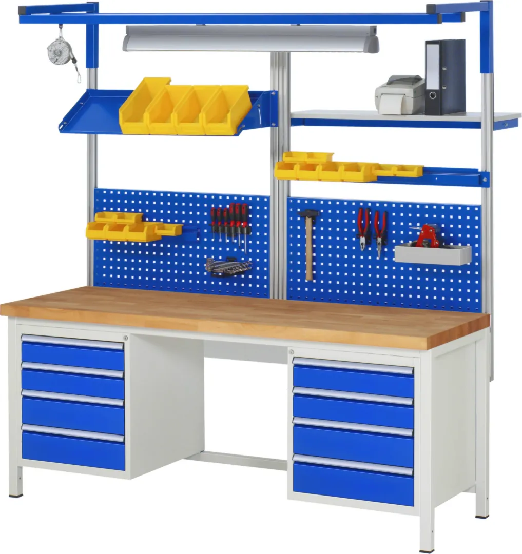 Werkbank Modell 8182 schwarz, BxTxH 2000x700x840-1040 mm,  Buche-Massiv Arbeitsplatte 40 mm,  8 Schubladen mit  Vollauszug 100 % und  SoftClosing