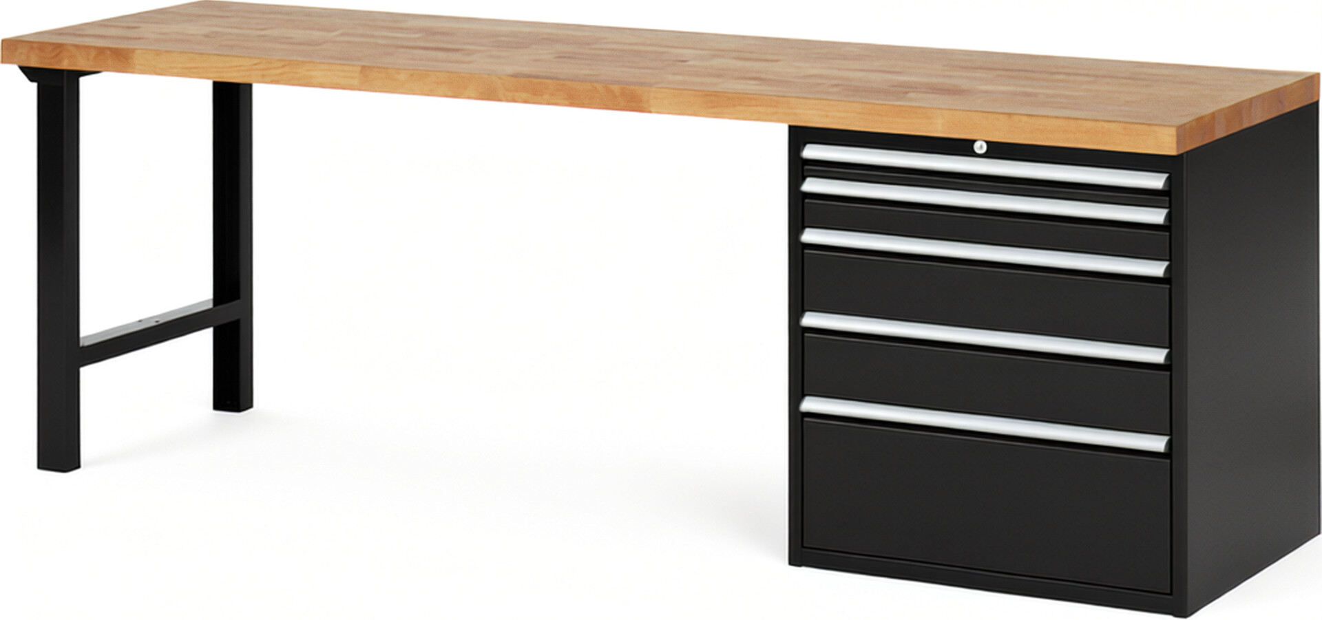 Werkbank Modell 7611 schwarz, BxTxH 2500x700x840 mm,  Buche-Massiv Arbeitsplatte 40 mm,  5 Schubladen mit  Auszug 90 %