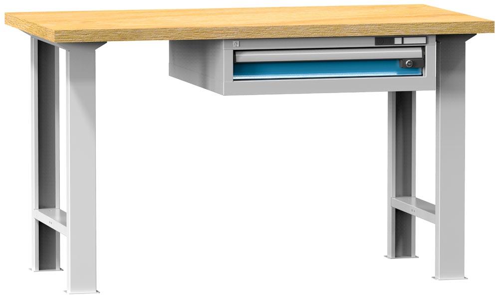Werkbank, BxTxH 1500x800x880 mm, 2 Füsse, 1 Schrank mit 1 Schublade 100, Traglast 800 kg, RAL 7035/5012