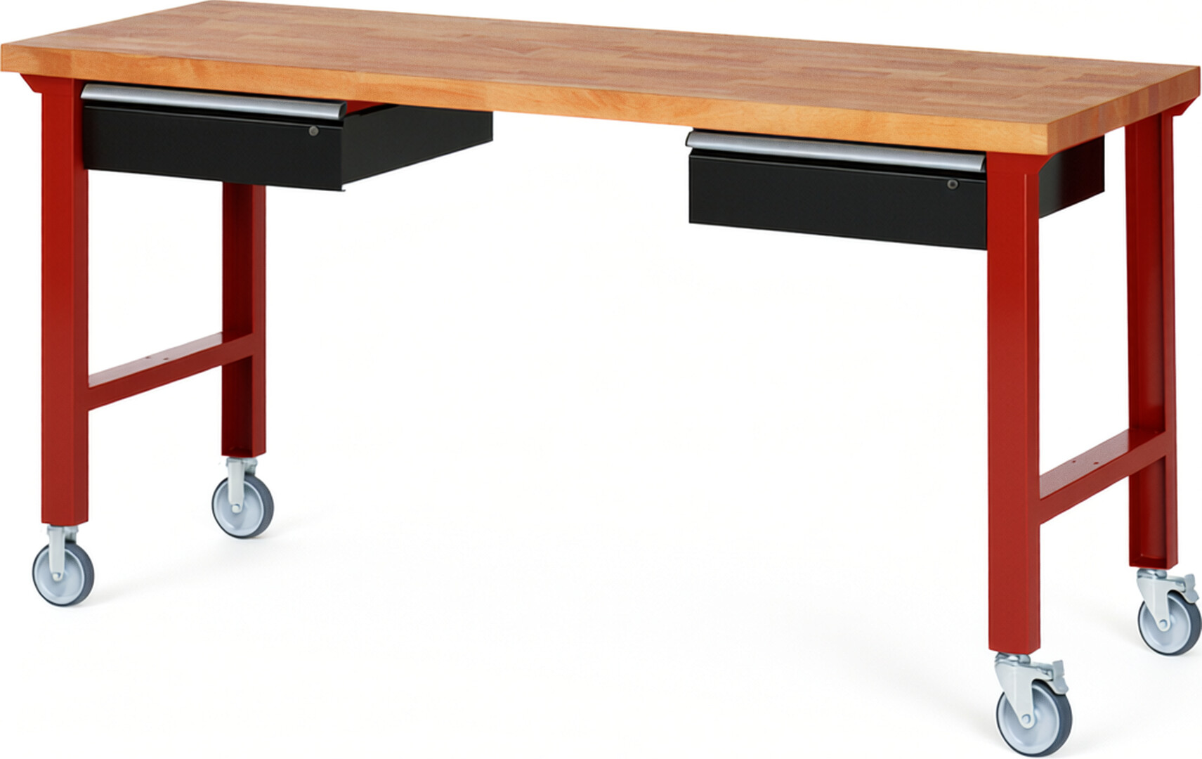 Fahrbare Werkbank Modell 7002 rot - schwarz, BxTxH 2000x700x1000 mm,  Buche-Massiv Arbeitsplatte 40 mm,  2 Schubladen mit  Auszug 90 %