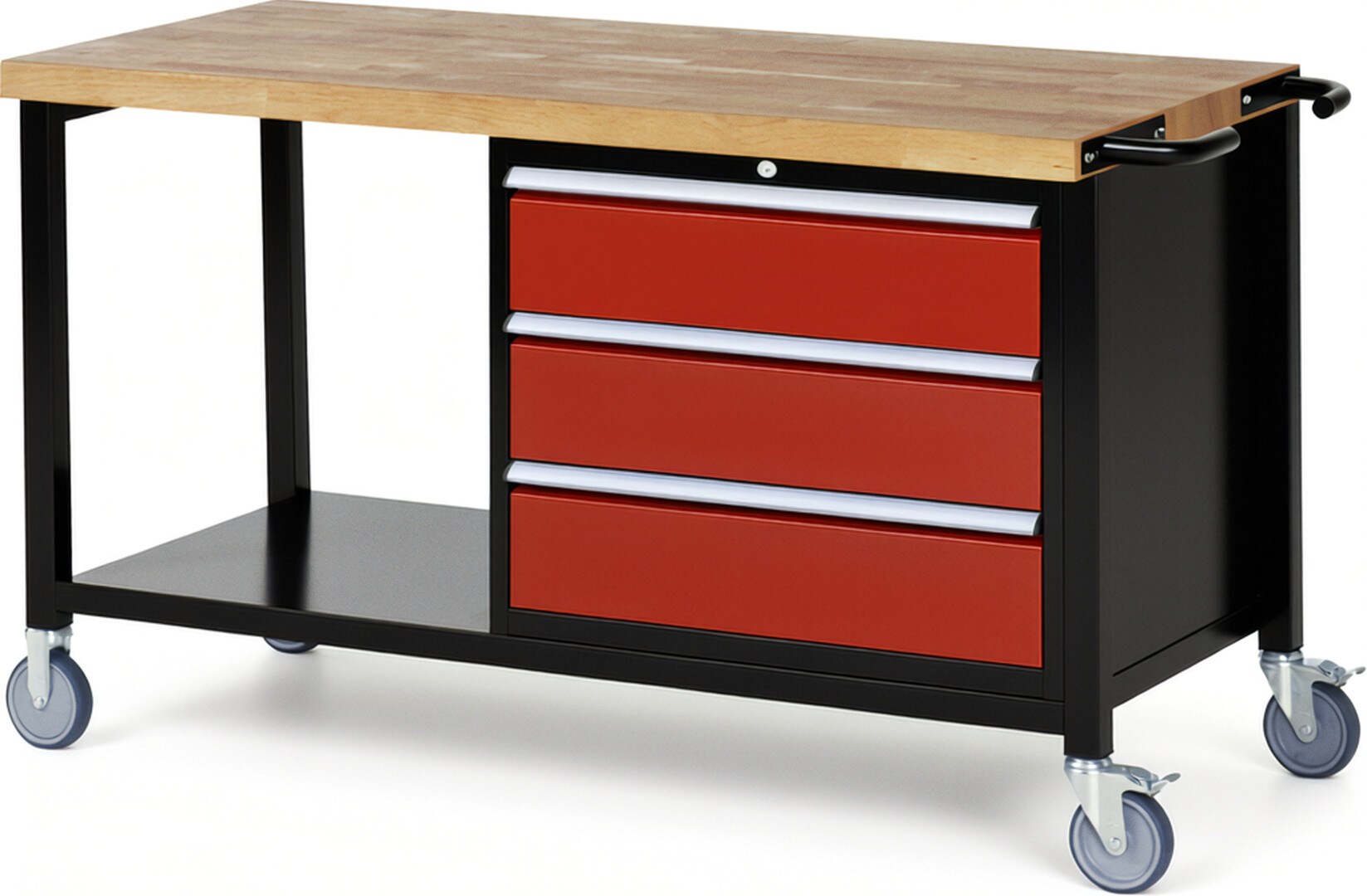 RAU Werkbank schwarz - rot - Breite 150 cm - Tiefe 70 cm - Höhe 108 cm - Buche-Massiv Arbeitsplatte 40 mm