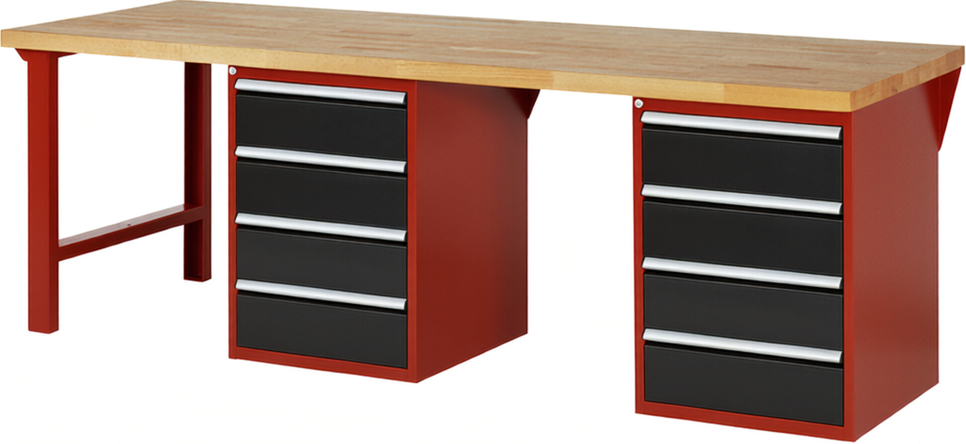Werkbank Modell 7509 rot - schwarz, BxTxH 2500x900x890 mm,  Buche-Massiv Arbeitsplatte 40 mm,  8 Schubladen mit  Auszug 90 %