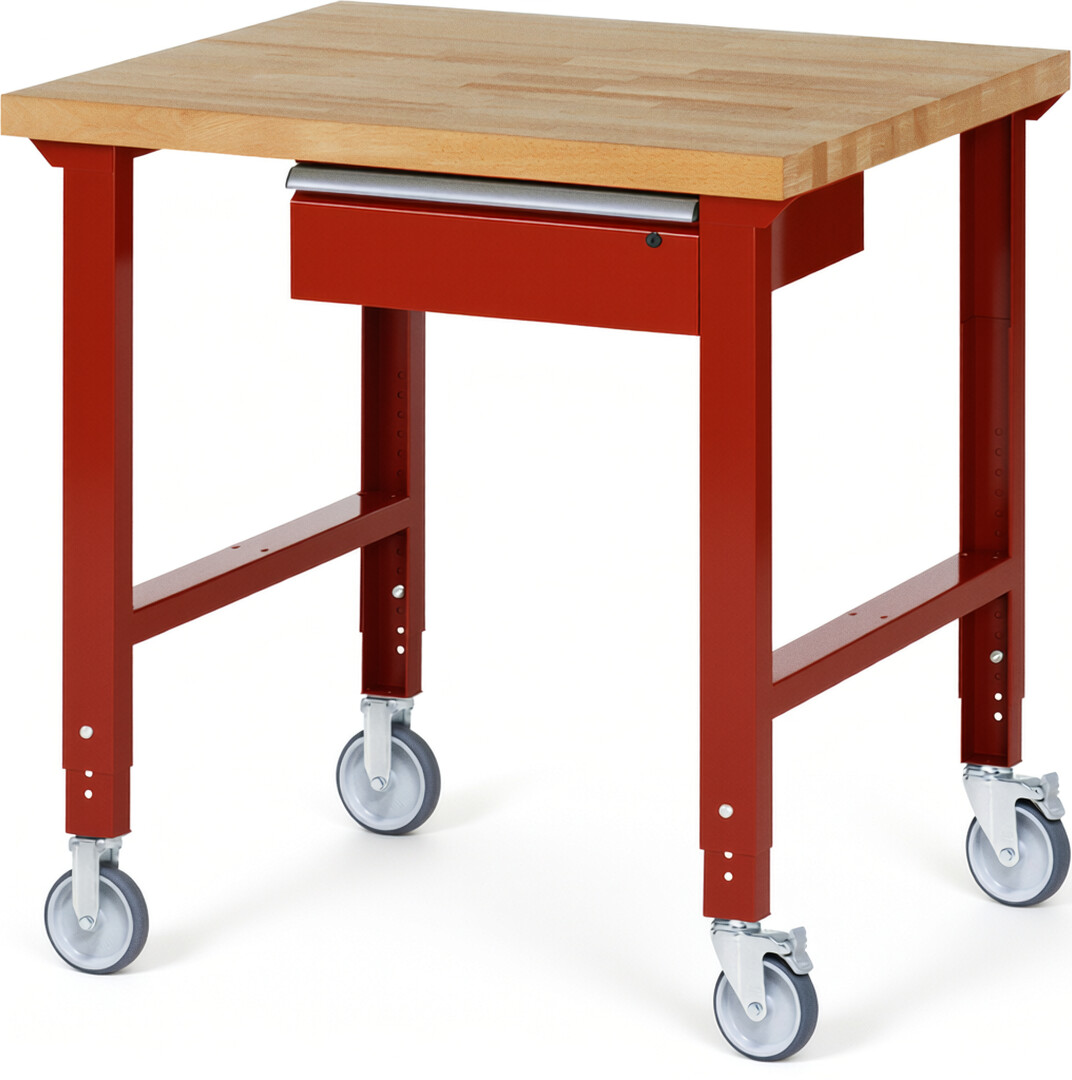 Fahrbare Werkbank Modell 7001 rot, BxTxH 1000x900x950-1000 mm,  Buche-Massiv Arbeitsplatte 40 mm,  1 Schublade mit  Auszug 90 %