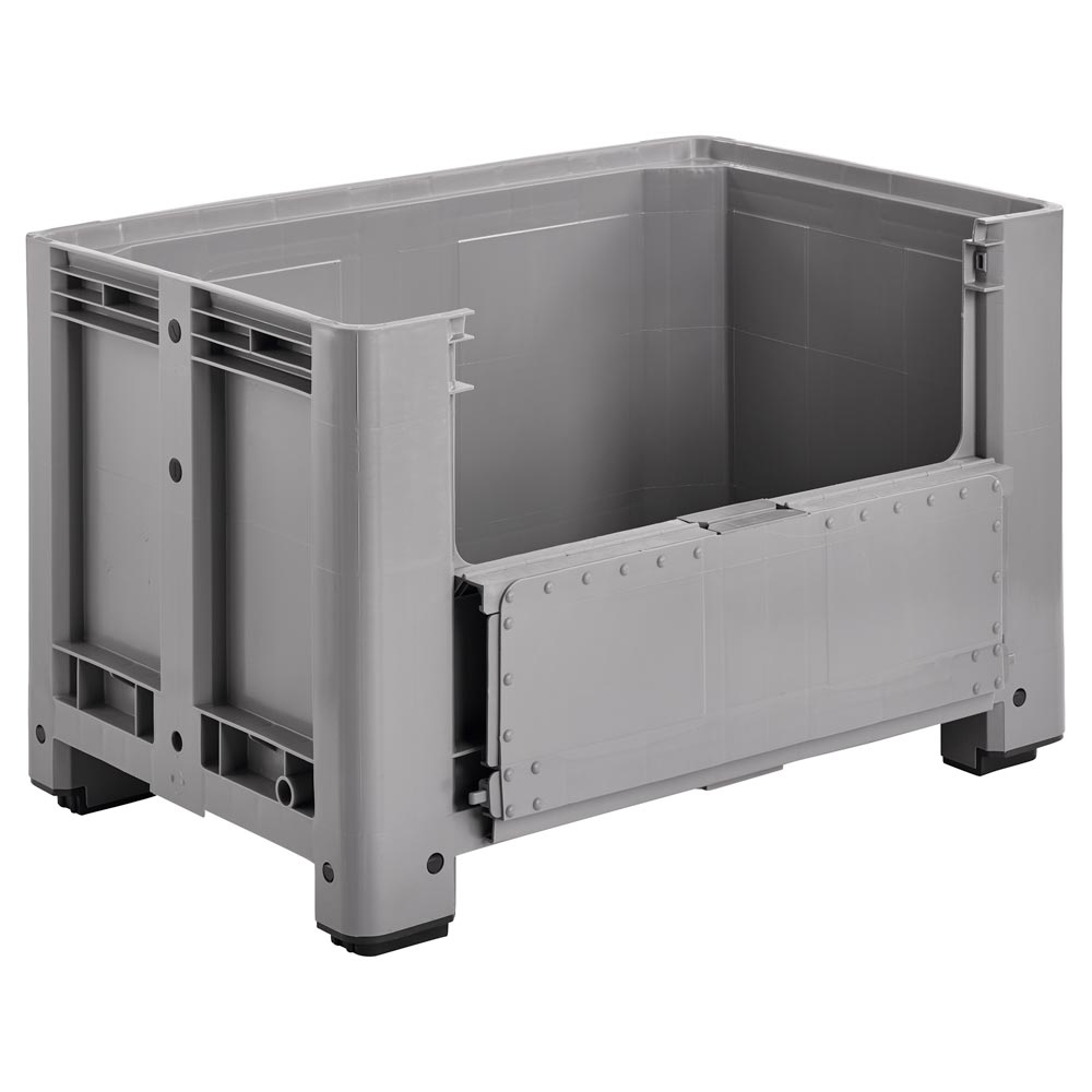 Palettenbox, PE, BxTxH 1200x800x760 mm, Volumen 470 l, Farbe grau, 4 Füße, Boden + Wände geschlossen, Seitenklappe