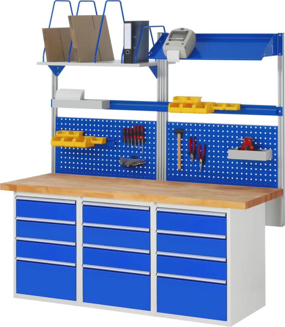 Werkbank Modell 7510 rot - schwarz, BxTxH 2000x700x840 mm,  Buche-Massiv Arbeitsplatte 40 mm,  12 Schubladen mit  Auszug 90 %