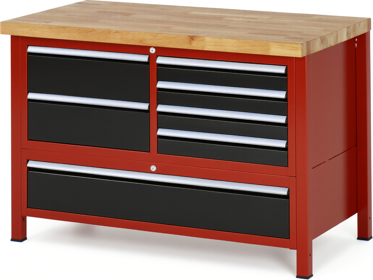 Werkbank Modell 8931 rot - schwarz, BxTxH 1250x700x840 mm,  Buche-Massiv Arbeitsplatte 40 mm,  7 Schubladen mit  Vollauszug 100 % und  SoftClosing
