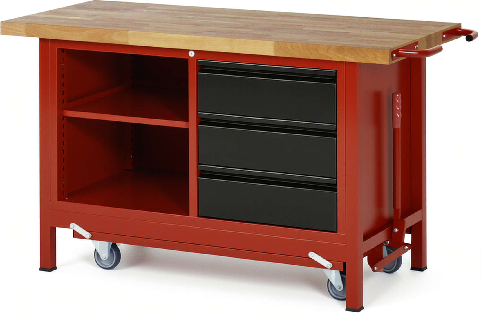 Absenkbare Werkbank - Modell 8462 BASIC rot - schwarz, BxTxH 1500x700x880 mm,  Buche-Massiv Arbeitsplatte 40 mm,  3 Schubladen mit  Auszug 90 %
