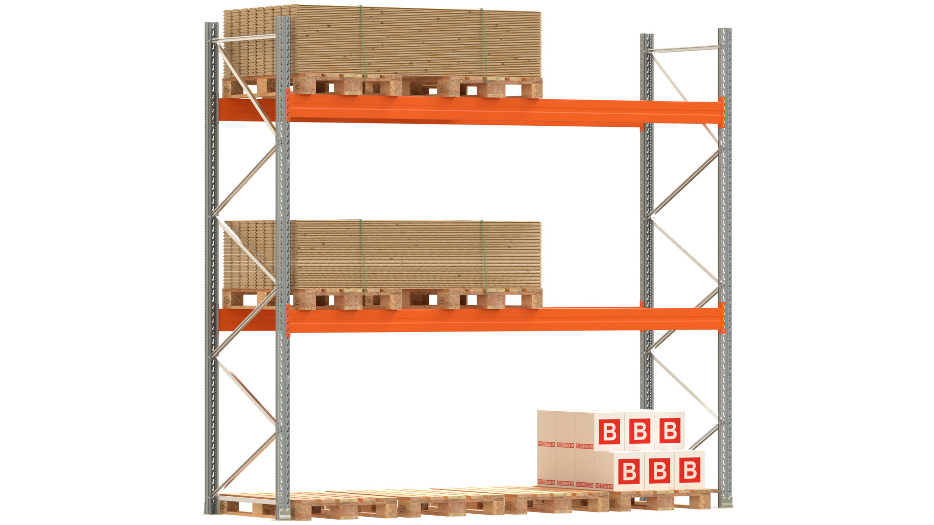 Palettenregal ARTUS - Breite 377 cm - Höhe 350 cm - Tiefe 110 cm - 2 Träger-Ebenen - Fachlast 3700 kg - 12 Palettenstellplätze