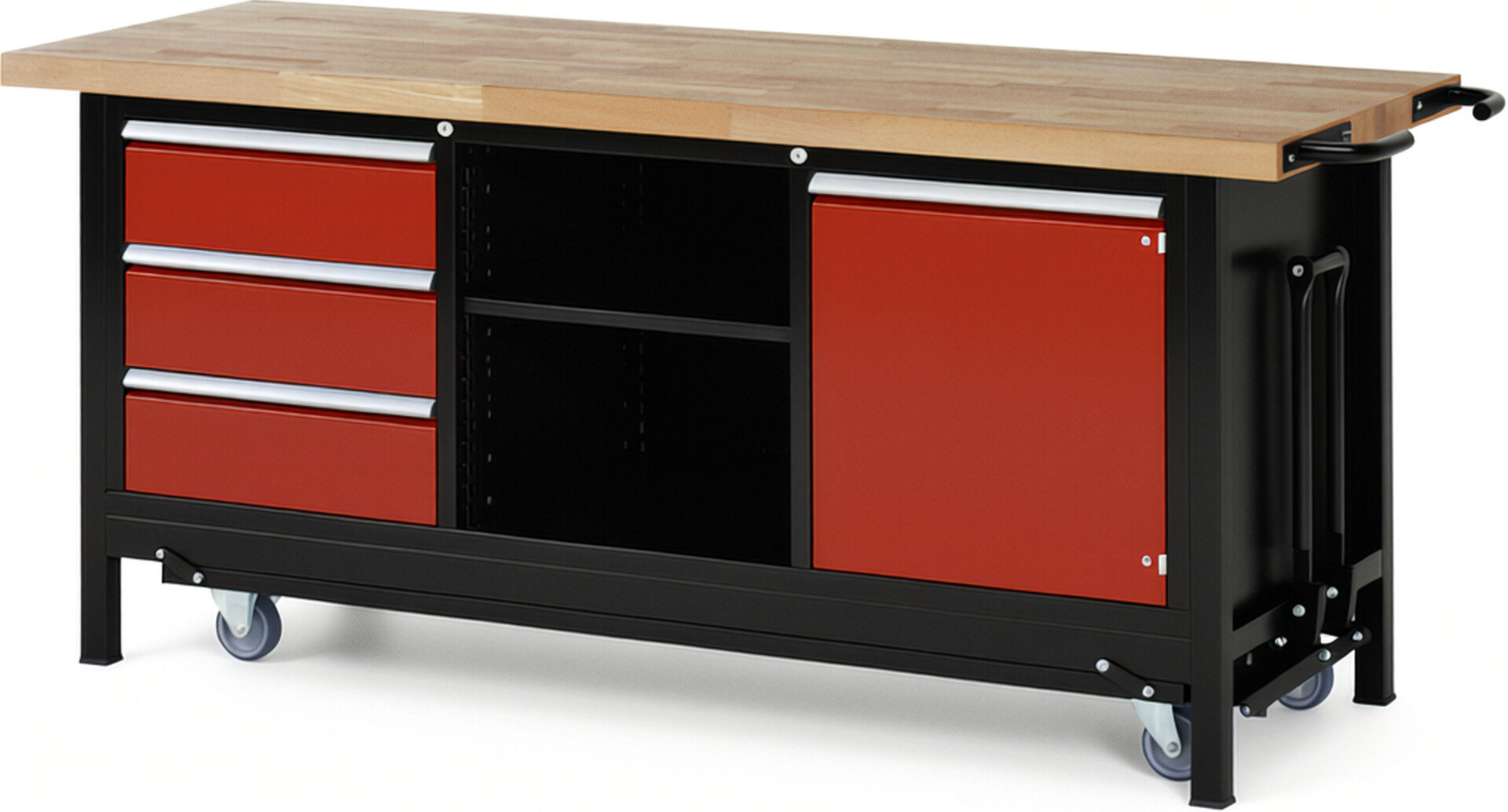 RAU Werkbank schwarz - rot - Breite 200 cm - Tiefe 70 cm - Höhe 88 cm - Buche-Massiv Arbeitsplatte 40 mm