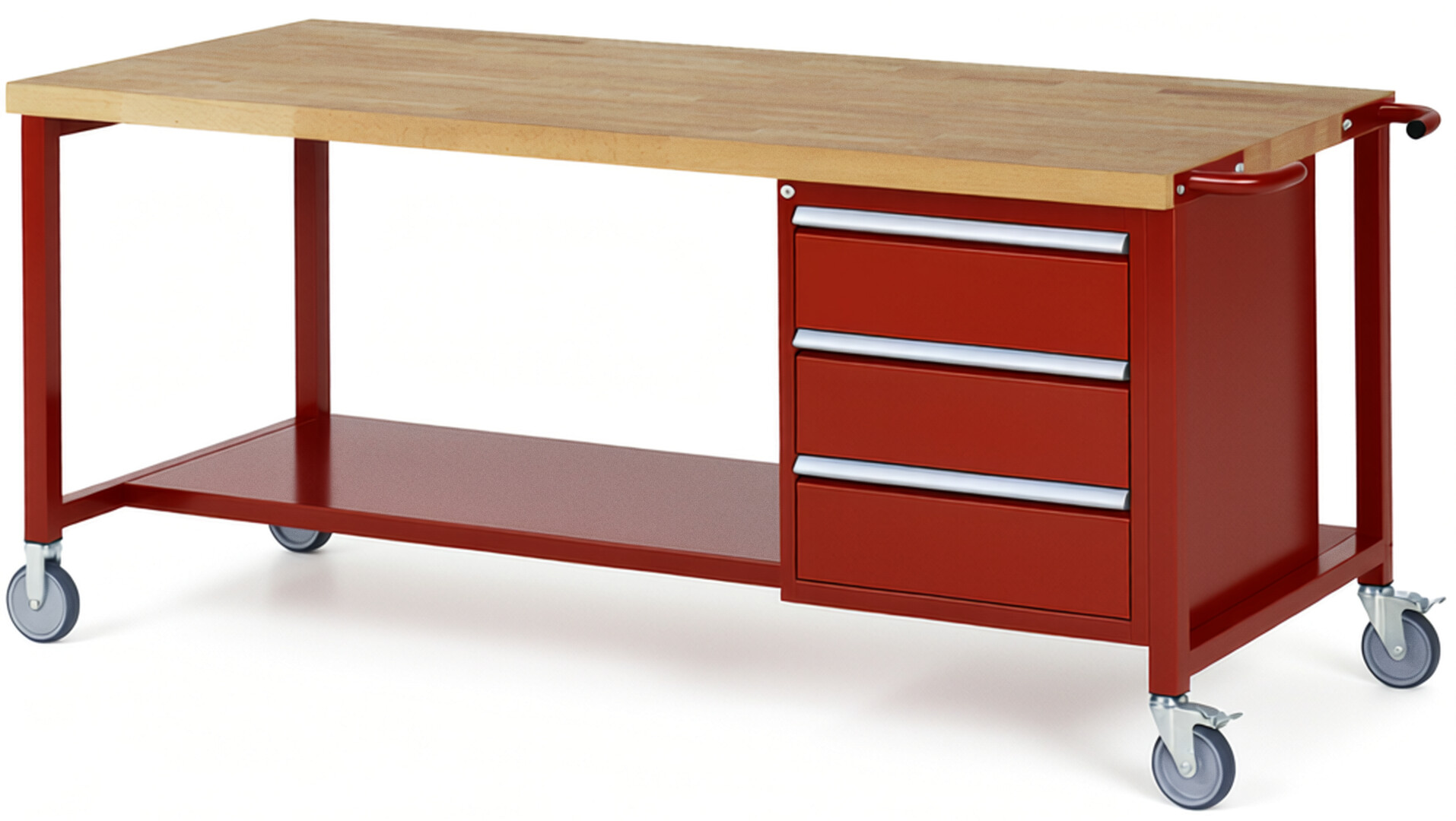 Fahrbare Werkbank Modell 8157 rot, BxTxH 2000x900x880 mm,  Buche-Massiv Arbeitsplatte 40 mm,  3 Schubladen mit  Auszug 90 %