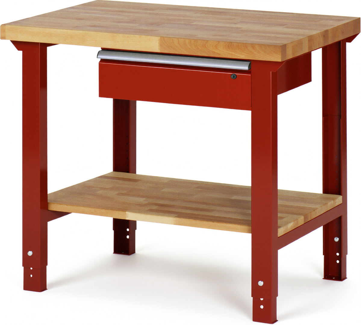 Werkbank Modell 7001 rot, BxTxH 1000x700x790-1140 mm,  Buche-Massiv Arbeitsplatte 40 mm,  1 Schublade mit  Auszug 90 %