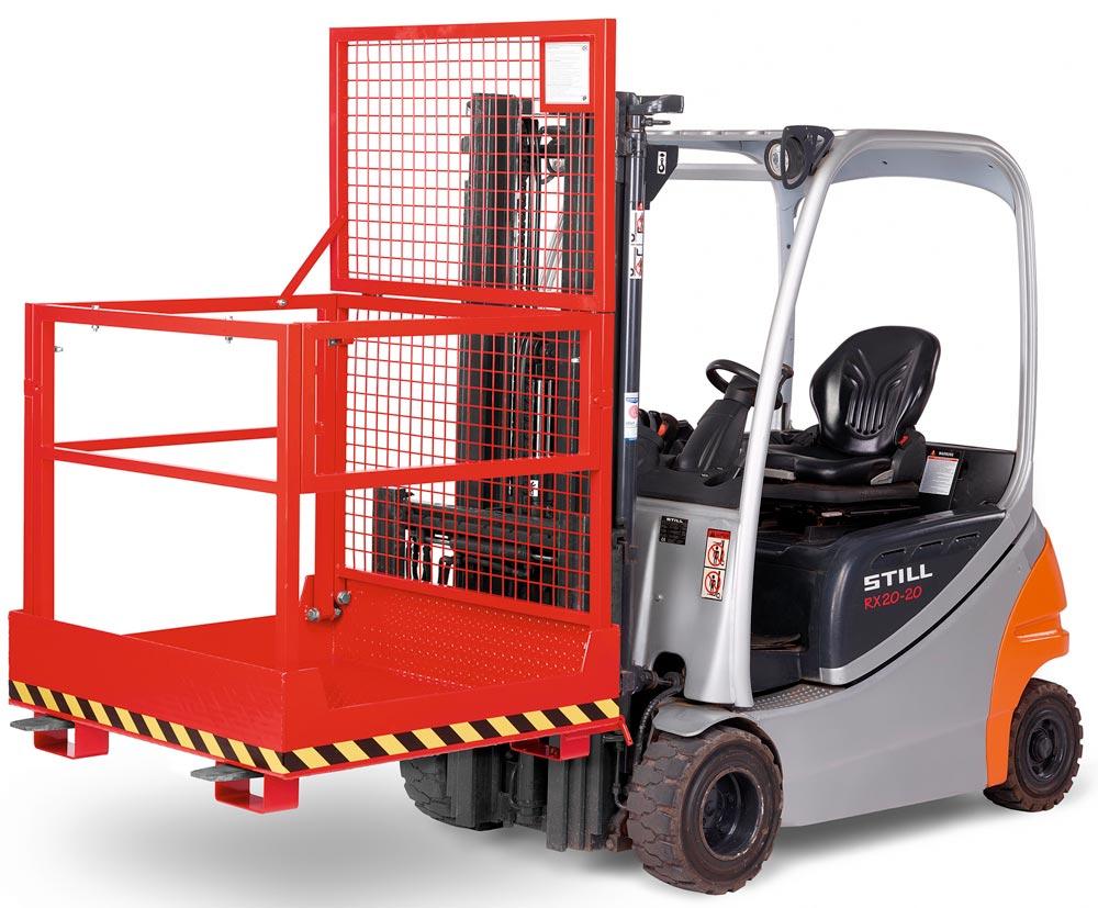 Arbeitskorb zusammenklappbar zur platzsparenden Lagerung, Zulässig für 2 Personen, BxTxH 1200x1080x1910 mm, Traglast 300 kg, RAL 3000 feuerrot