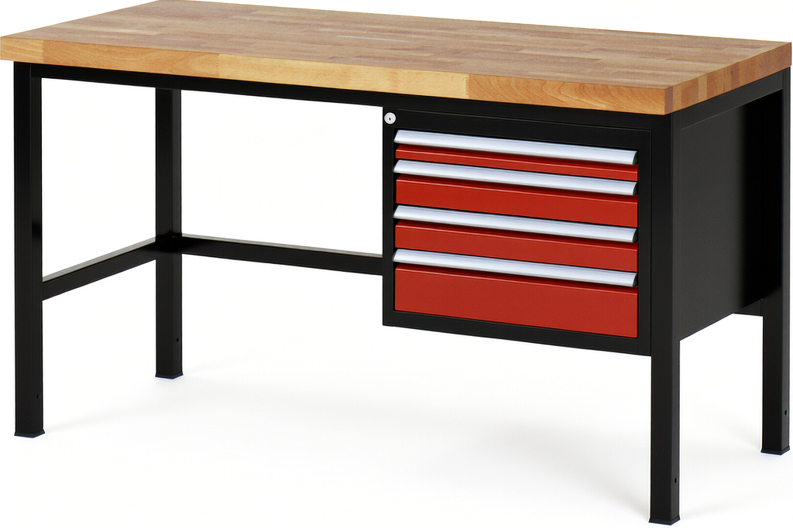 RAU Werkbank schwarz - rot - Breite 150 cm - Tiefe 70 cm - Höhe 104 cm - Buche-Massiv Arbeitsplatte 40 mm