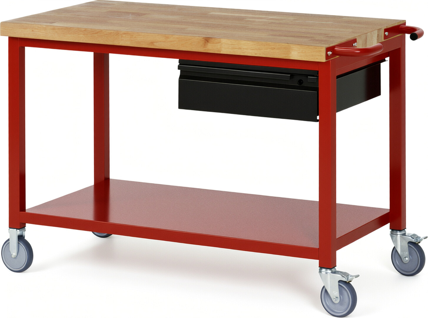 Fahrbare Werkbank - Modell 8001 BASIC rot - schwarz, BxTxH 1250x700x880 mm,  Buche-Massiv Arbeitsplatte 40 mm,  1 Schublade mit  Auszug 90 %