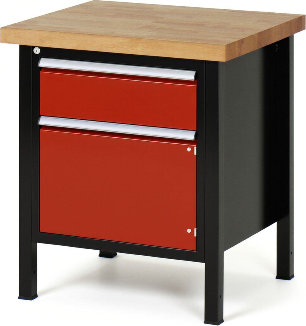 Werkbank Modell 8152 schwarz-rot, BxTxH 750x700x840 mm,  Buche-Massiv Arbeitsplatte 40 mm,  1 Schublade mit  Auszug 90 %