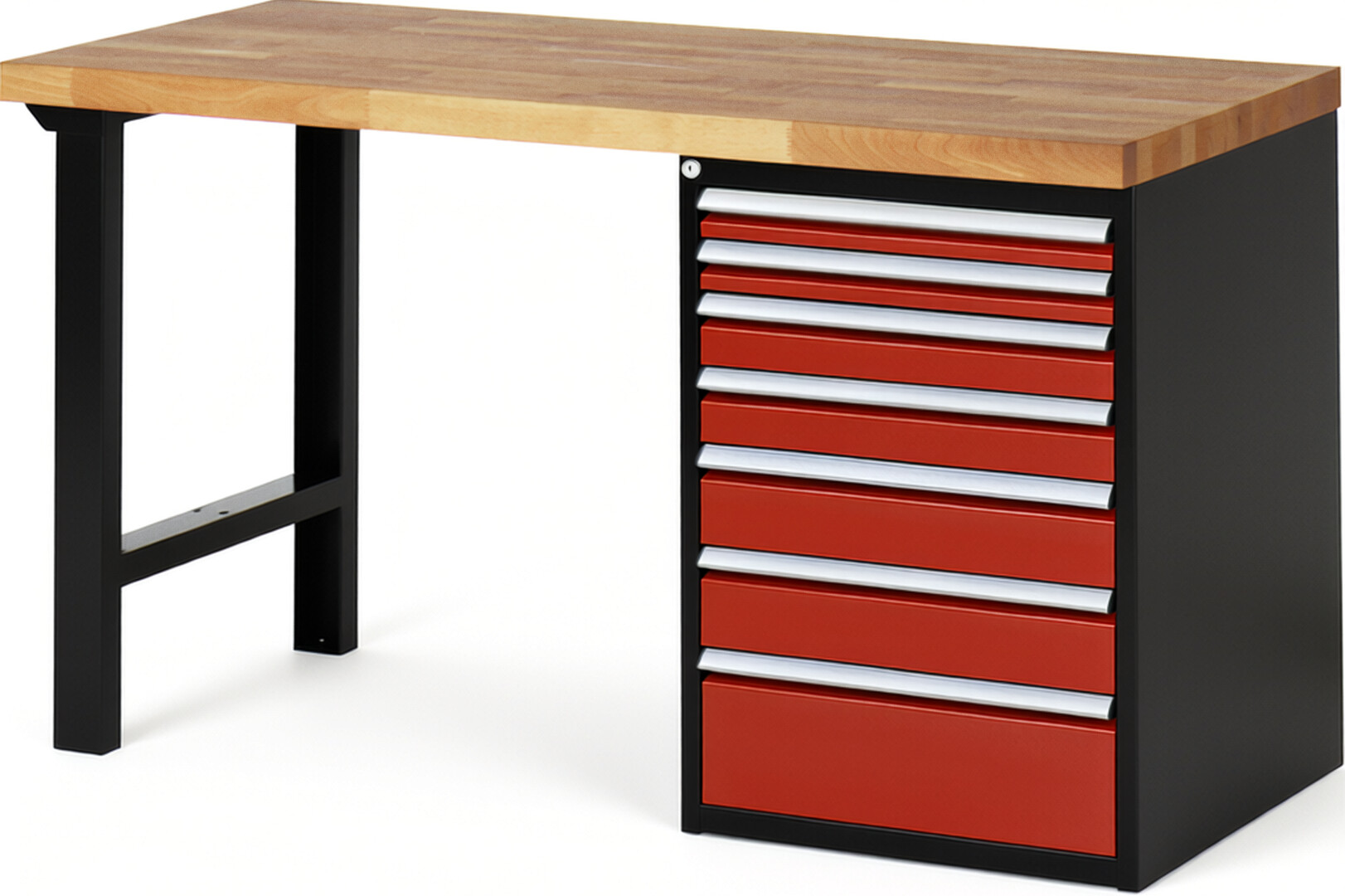 RAU Werkbank schwarz - rot - Breite 150 cm - Tiefe 70 cm - Höhe 89 cm - Buche-Massiv Arbeitsplatte 40 mm