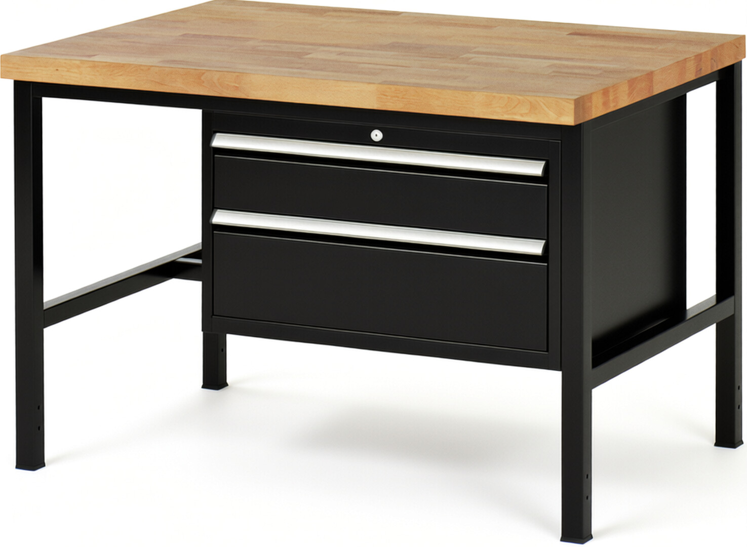 Werkbank Modell 8223 schwarz, BxTxH 1250x900x840-1040 mm,  Buche-Massiv Arbeitsplatte 40 mm,  2 Schubladen mit  Auszug 90 %