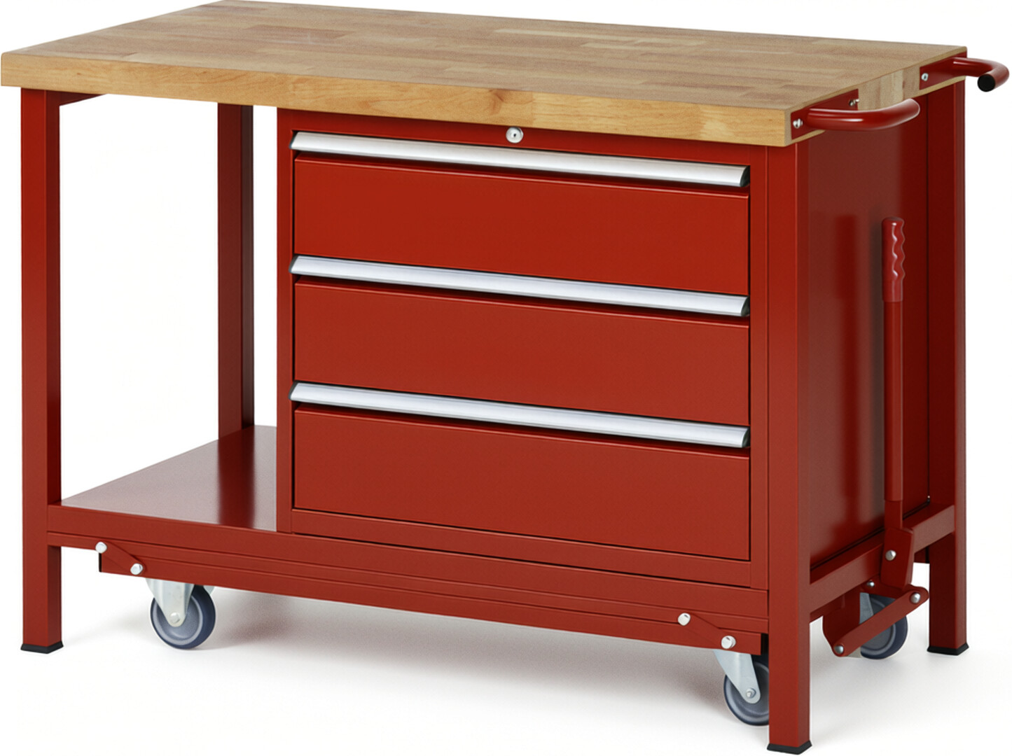 Absenkbare Werkbank Modell 8257 rot, BxTxH 1250x700x880 mm,  Buche-Massiv Arbeitsplatte 40 mm,  3 Schubladen mit  Vollauszug 100 % und  SoftClosing