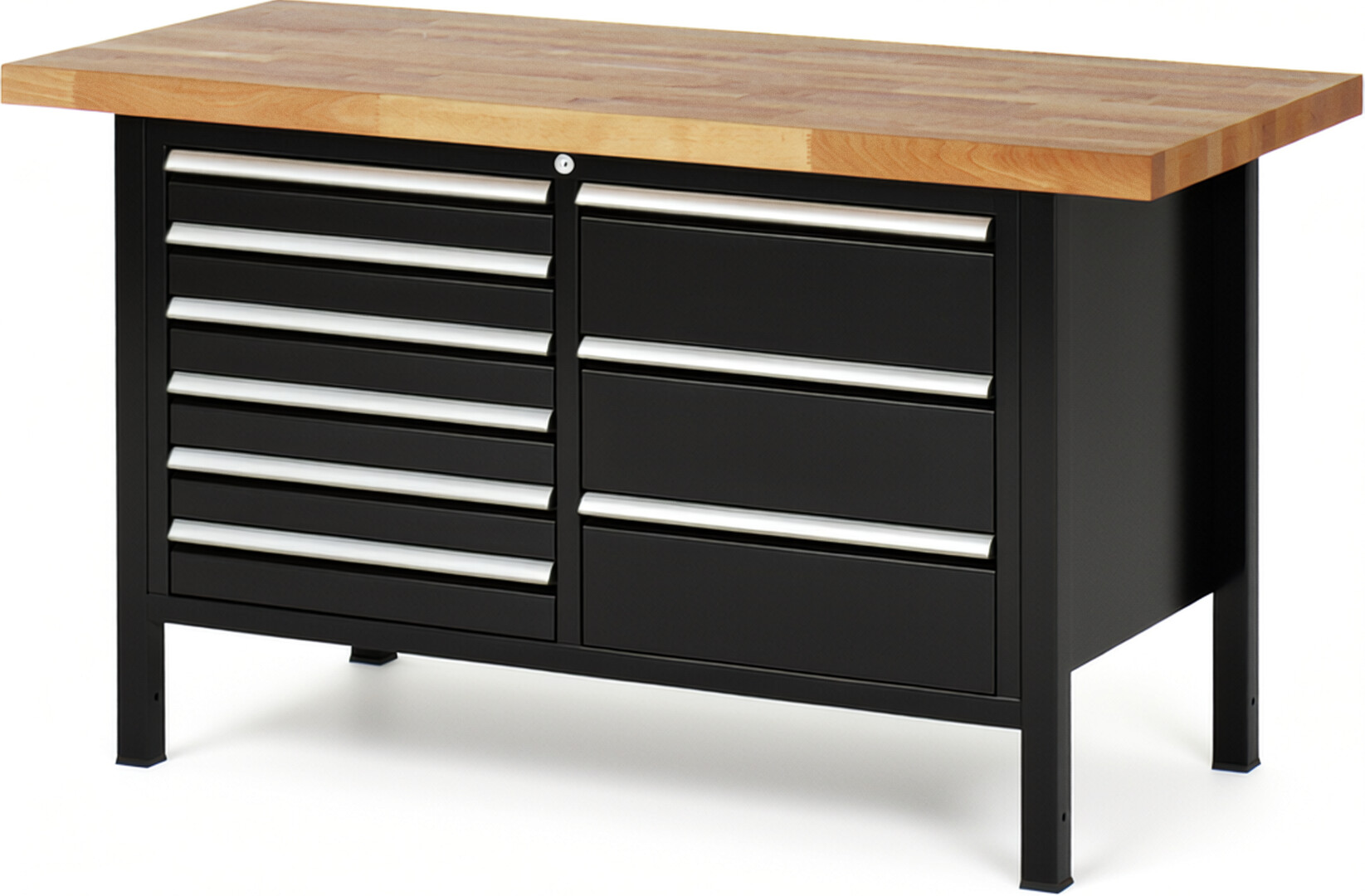 RAU Werkbank schwarz - Breite 150 cm - Tiefe 70 cm - Höhe 104 cm - Buche-Massiv Arbeitsplatte 40 mm