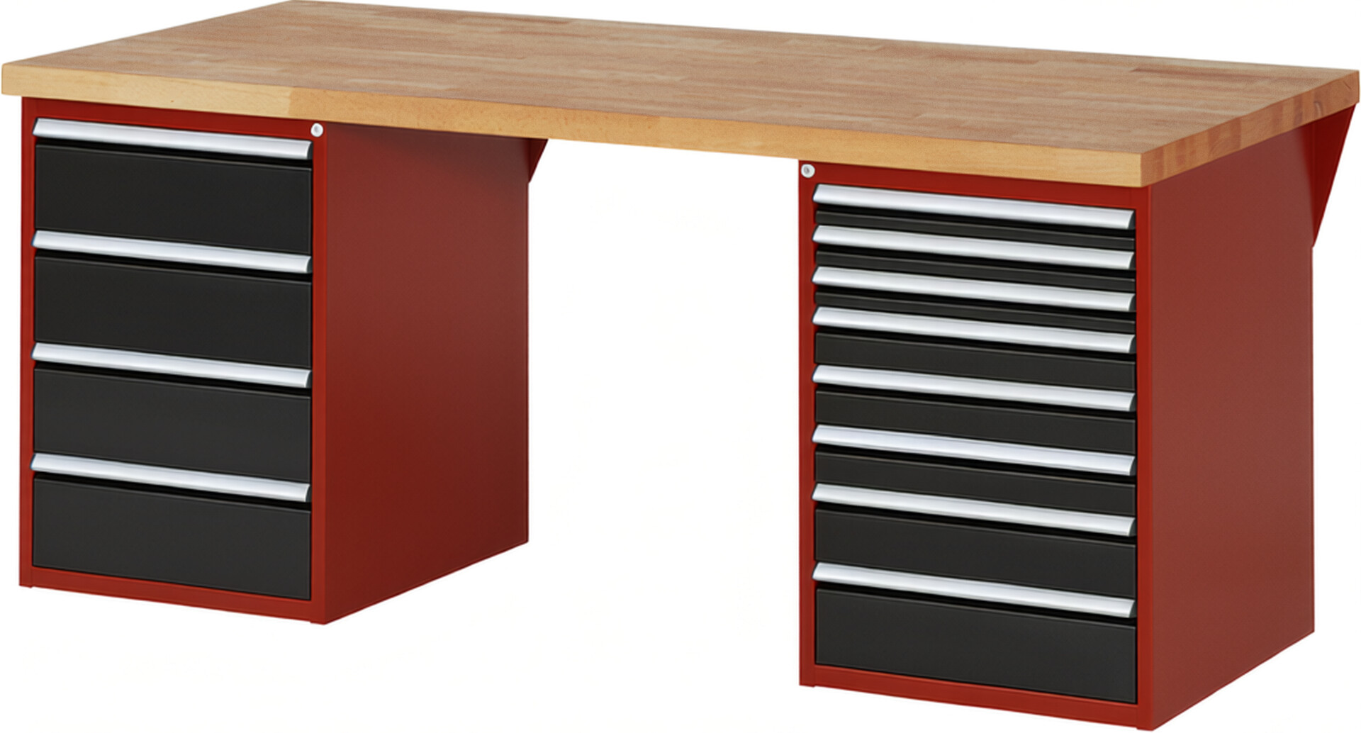 Werkbank Modell 7822 rot - schwarz, BxTxH 2000x900x890 mm,  Buche-Massiv Arbeitsplatte 40 mm,  12 Schubladen mit  Auszug 90 %