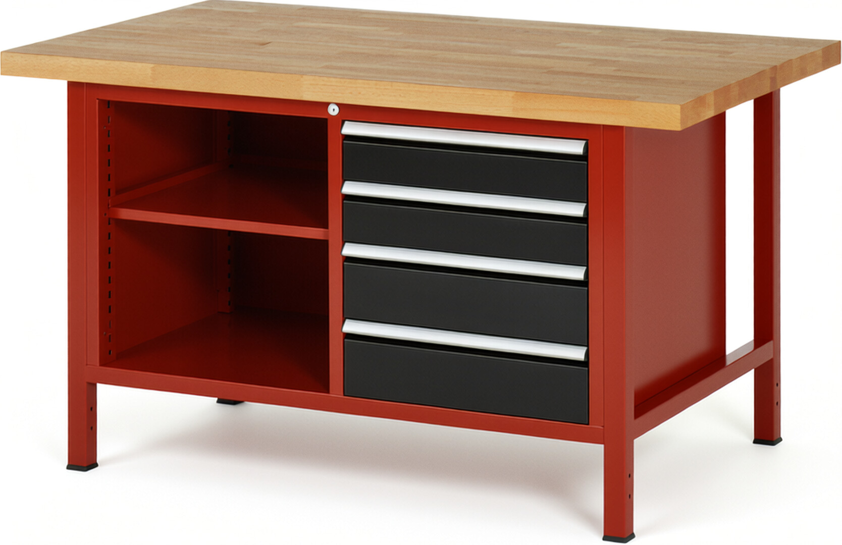 RAU Werkbank rot - schwarz - Breite 150 cm - Tiefe 90 cm - Höhe 84 cm - Buche-Massiv Arbeitsplatte 40 mm