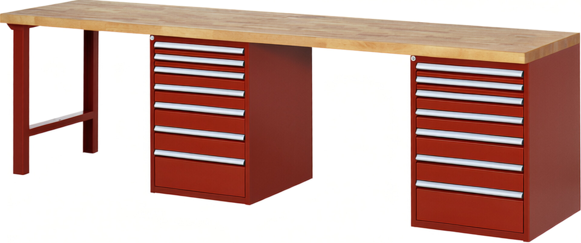 Werkbank Modell 7517 rot, BxTxH 3000x700x840 mm,  Buche-Massiv Arbeitsplatte 40 mm,  14 Schubladen mit  Vollauszug 100 % und  SoftClosing