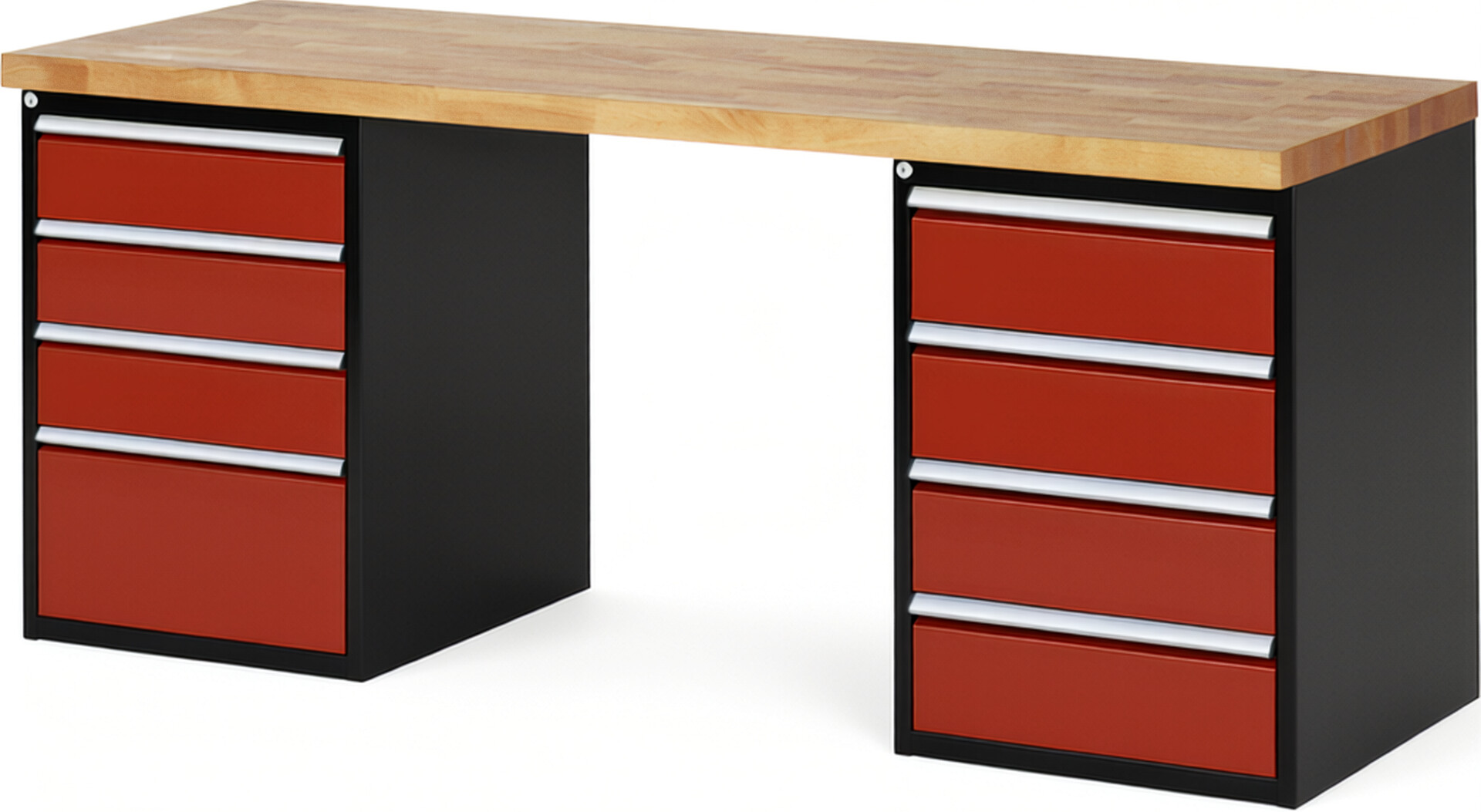 RAU Werkbank schwarz - rot - Breite 200 cm - Tiefe 70 cm - Höhe 84 cm - Buche-Massiv Arbeitsplatte 40 mm