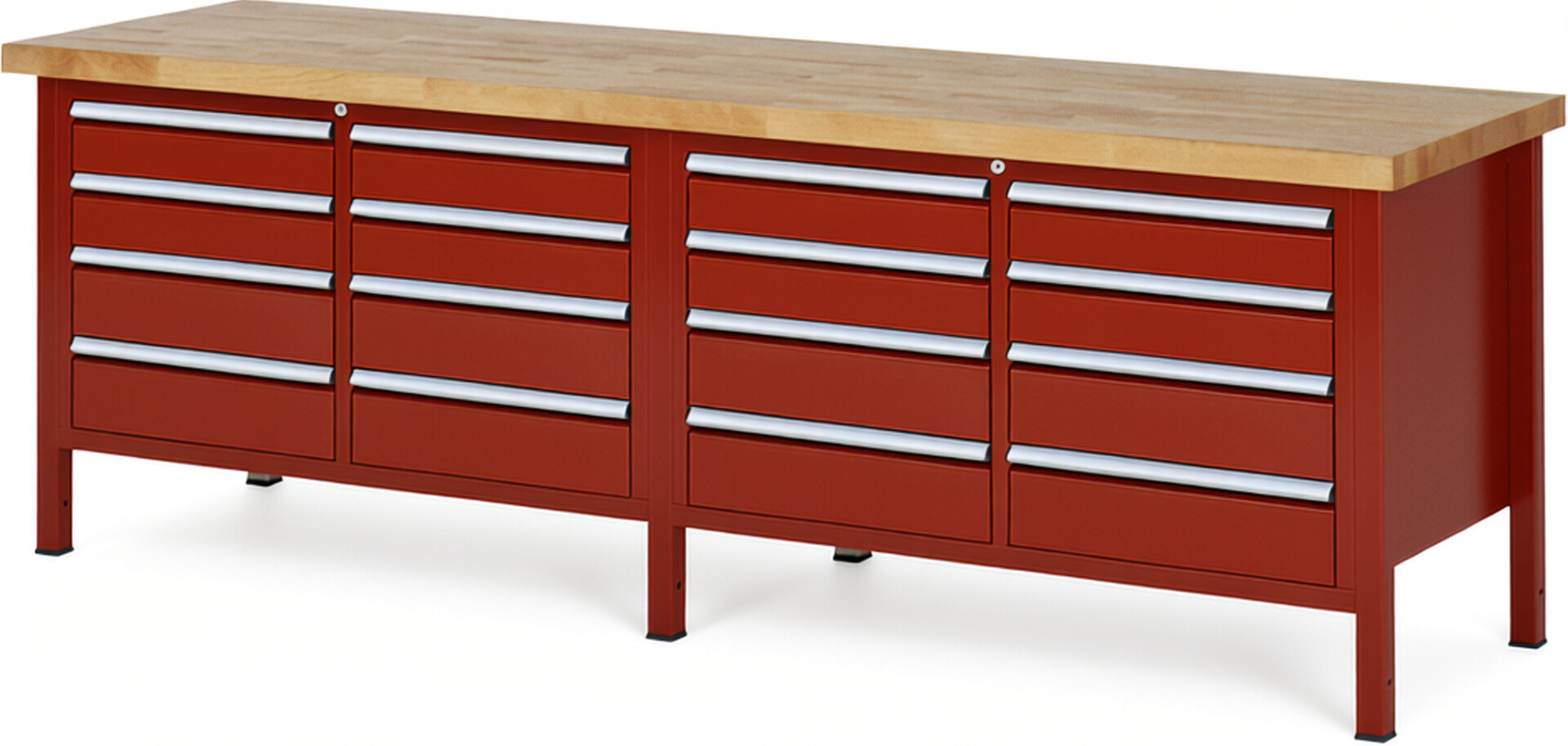 Werkbank Modell 8477 rot, BxTxH 2500x700x840-1040 mm,  Buche-Massiv Arbeitsplatte 40 mm,  16 Schubladen mit  Auszug 90 %