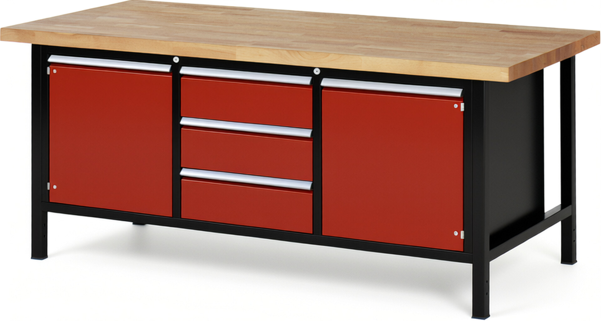RAU Werkbank schwarz - rot - Breite 200 cm - Tiefe 90 cm - Höhe 104 cm - Buche-Massiv Arbeitsplatte 40 mm