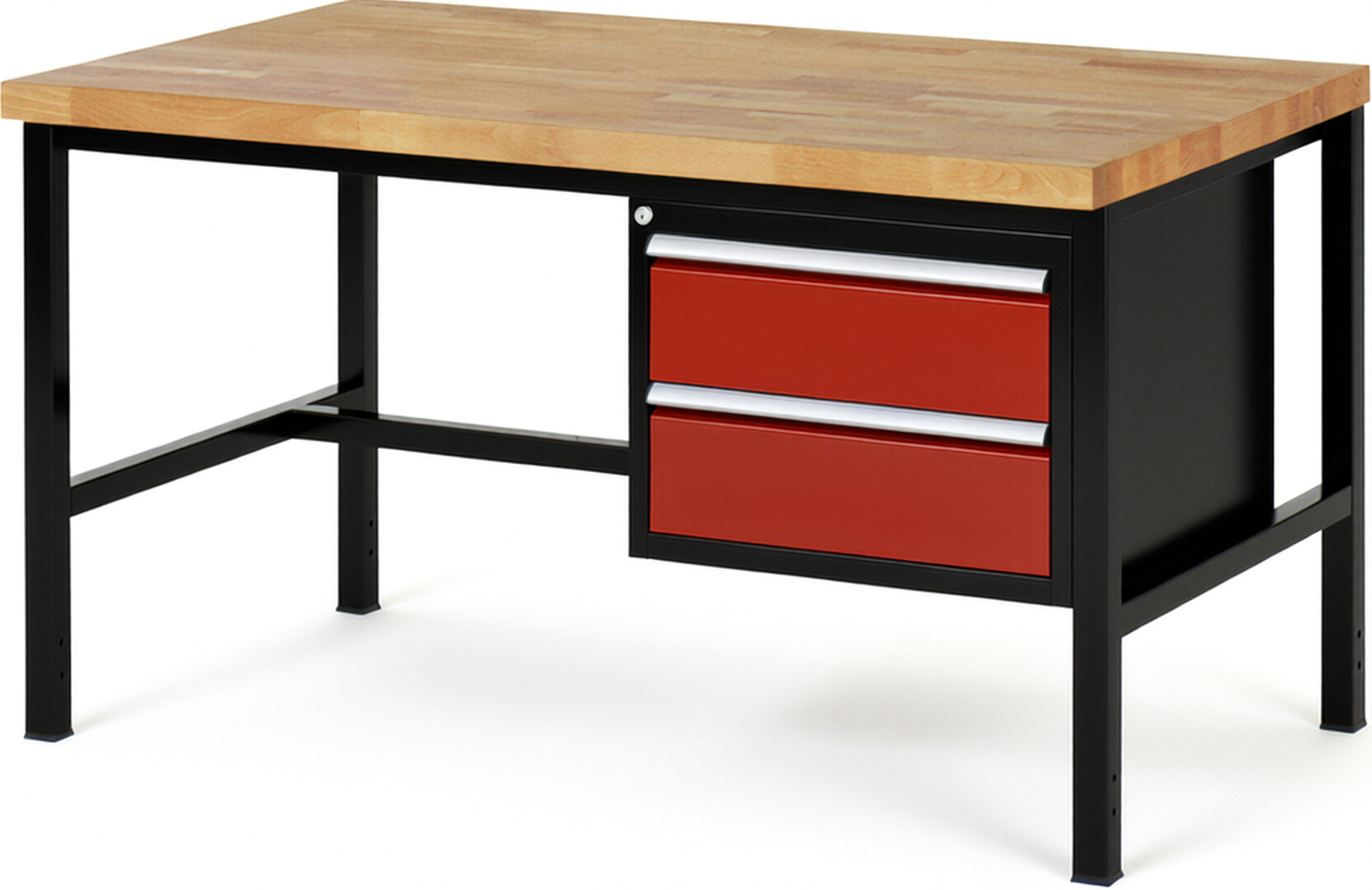 RAU Werkbank schwarz - rot - Breite 150 cm - Tiefe 90 cm - Höhe 104 cm - Buche-Massiv Arbeitsplatte 40 mm